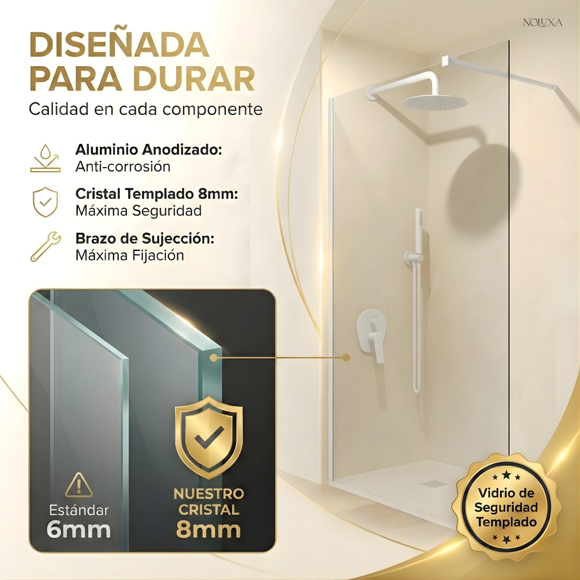 IMEX - Mampara Ducha Fija 50cm Frontal Cromada con Brazo de Sujeción | Mampara de Cristal Antical y Perfilería de Aluminio con 200cm de Altura | Vidrio con Grosor 8mm y Sistema de Montaje Fácil