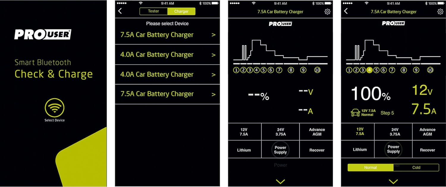 Screenshots of the Pro-User IBC Charger smartphone app interface