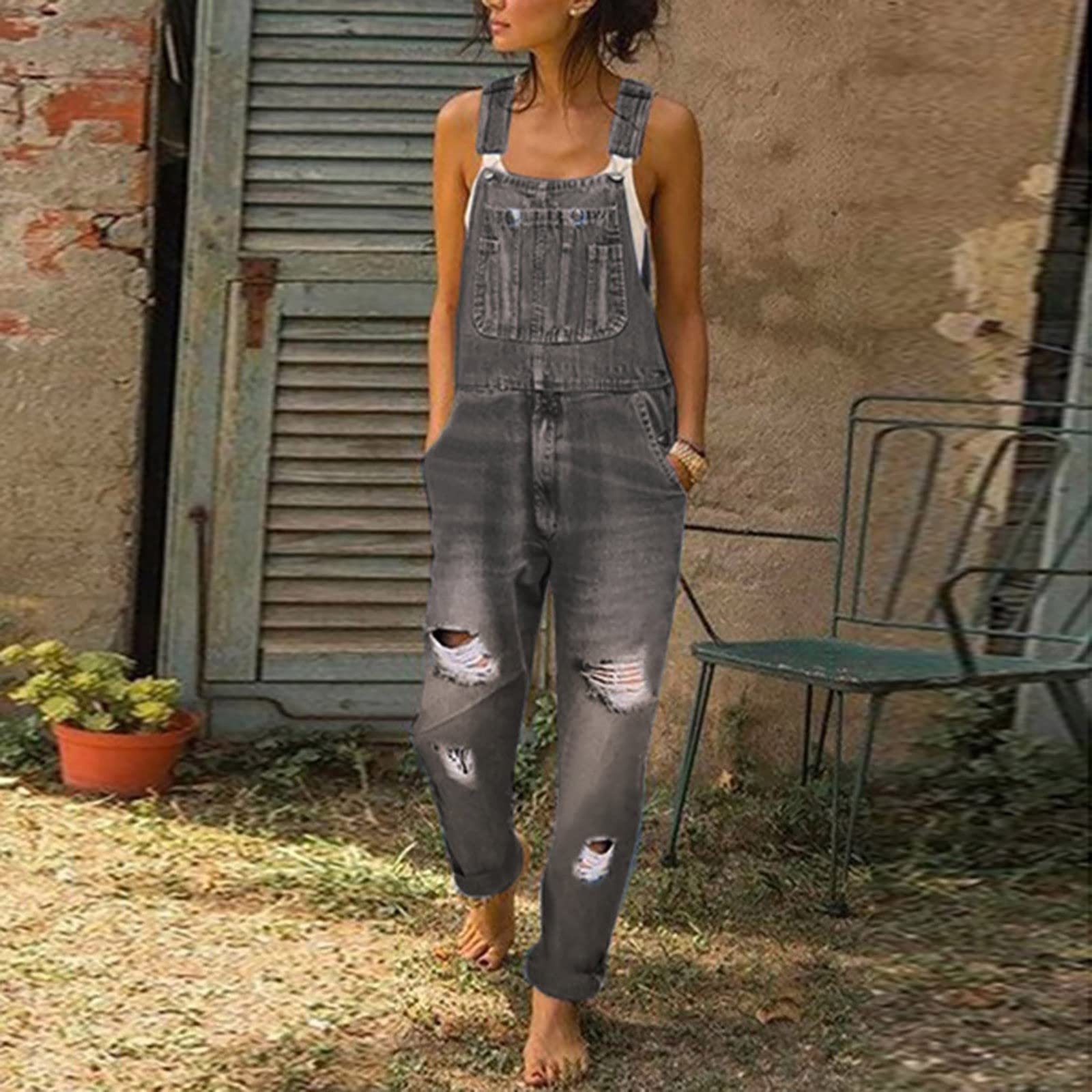 Salopette da donna, in denim elasticizzato e dritto, con tasche, stile vintage