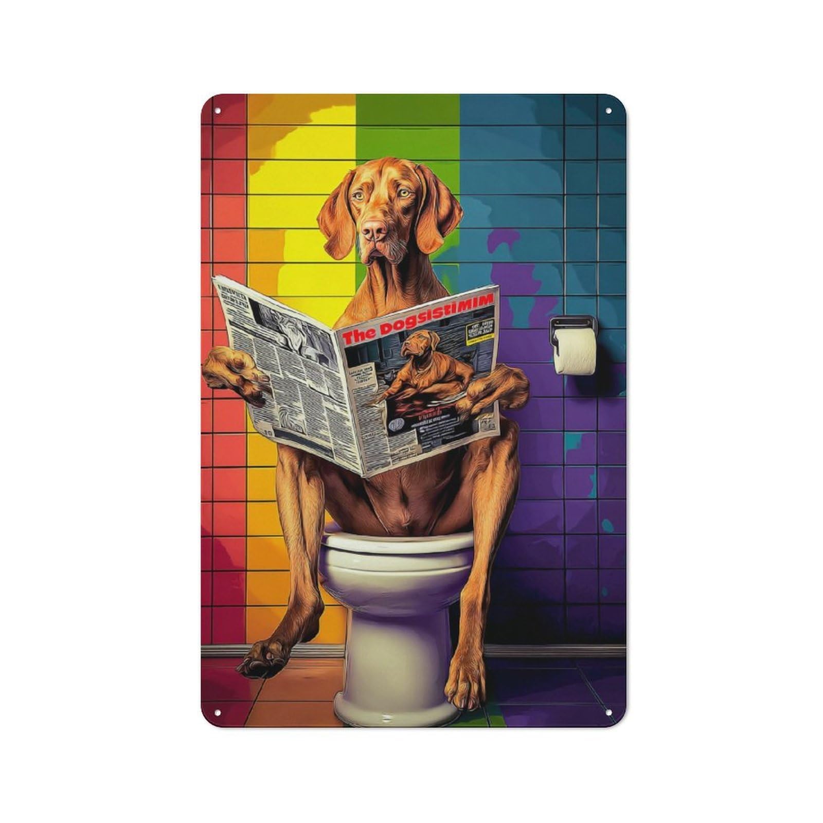 Junmoney Dog Reading Newspaper On Toilet Metal Wall Sign With Design 30X20cm, Loft Style Studio Wall Art For Flat, Bar, Studio Or Gallery Wall
