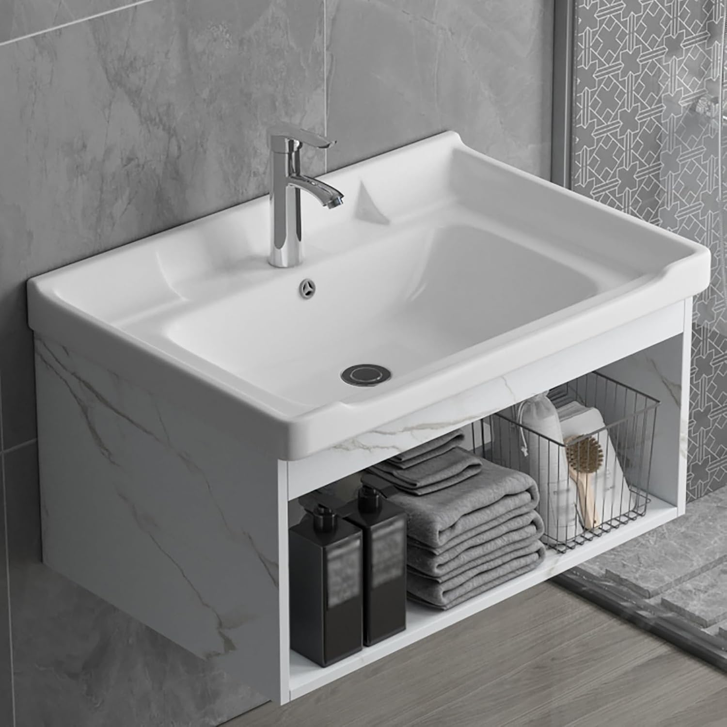 Wall Mounted Bathroom Sink, Vanity with Vessel Sinks for Bathrooms, Ceramic Solid Wood Material (Color : 60 * 40cm)