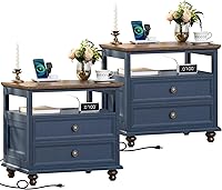 Vista 15 de Mesita de noche estilo granja con estación de carga, mesa auxiliar de 61 cm de ancho con 2 cajones, cómoda marrón para dormitorio, cómoda de cajones