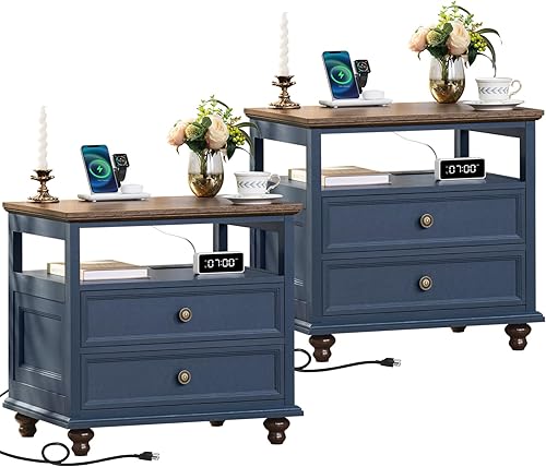 Miniatura 14 de Mesita de noche de estilo granja con estación de carga, mesa auxiliar de 61 cm de ancho con 2 cajones, cómoda azul para dormitorio, cómoda