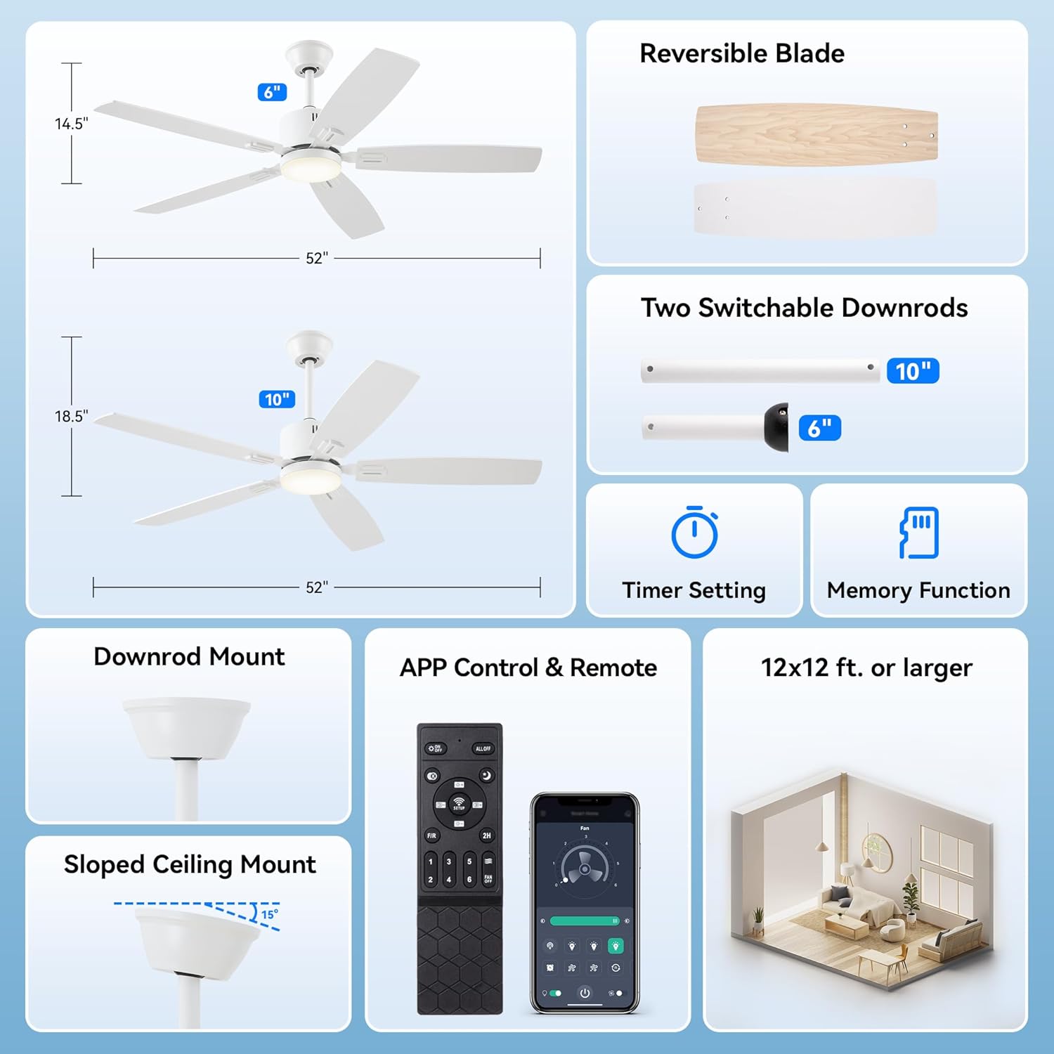 SUNMORY 52" Ceiling Fans with Lights, Smart Ceiling Fan with APP and Remote Control, Reversible DC Motor, Noiseless, Stepless Dimmable, Modern Ceiling Fan for Indoor/Outdoor Use, White
