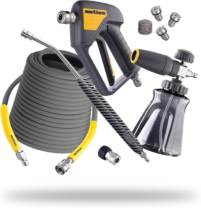 Active Pressure Washer Accessory Bundle, Adaptable for All Electric & Gas Pressure washers w/ M22-14mm Connections. Swivel Gun, Foam Cannon, Lance & 50’ Hose for DIY car wash & Professional Detailing Bundle V2