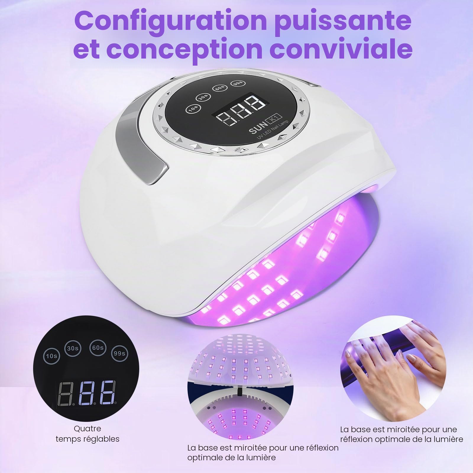 Lampe UV pour ongles en gel, 4 réglages de minuterie, affichage numérique, séchoir à ongles LED 268 W avec 72 perles, capteur automatique avec lumière manuelle, lampe LED pour salon et maison