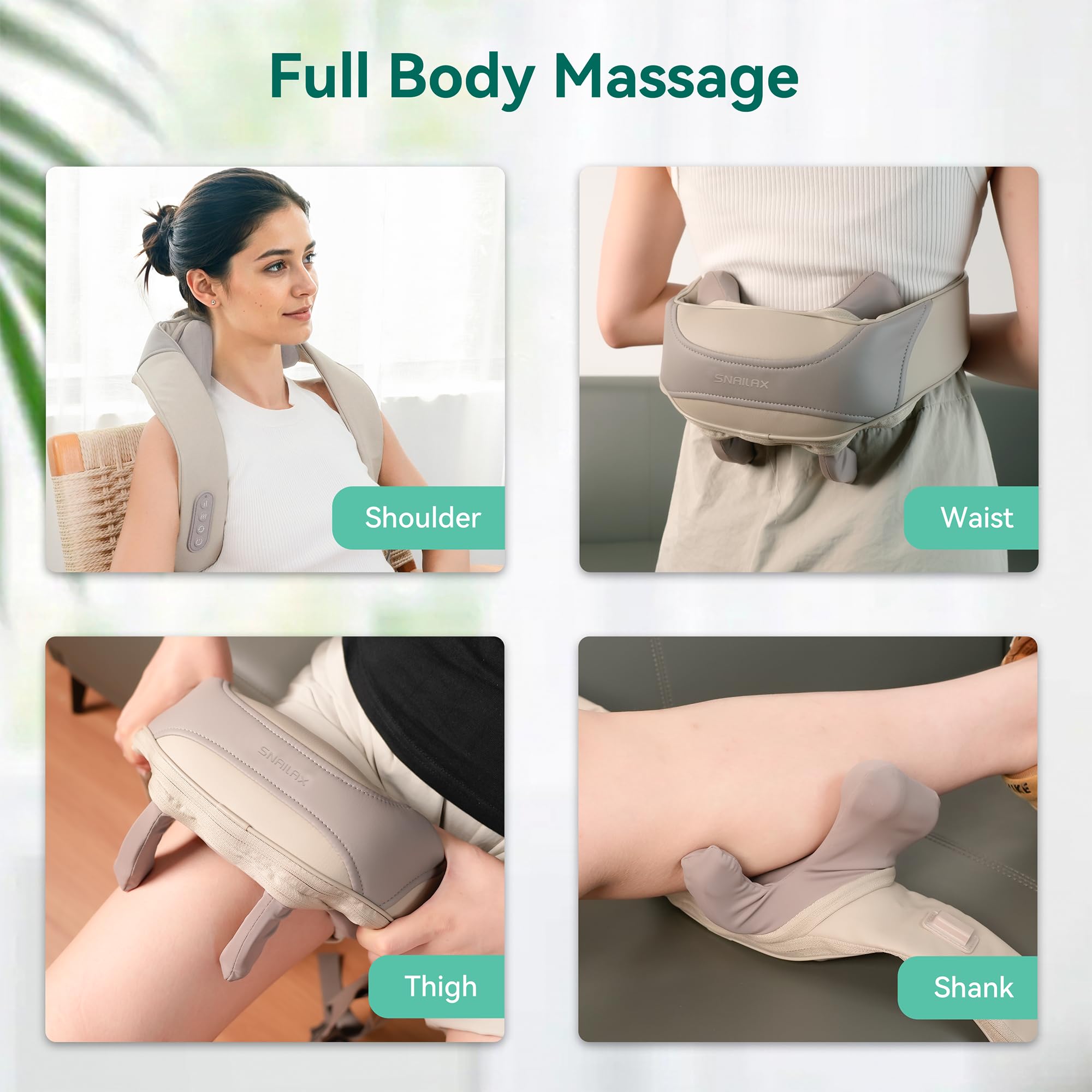 Snailax Masseur de nuque amélioré sans fil avec chaleur, masseur de nuque shiatsu 4D avec massage par pétrissage, masseur électrique pour nuque épaule dos jambe, cadeaux, Beige