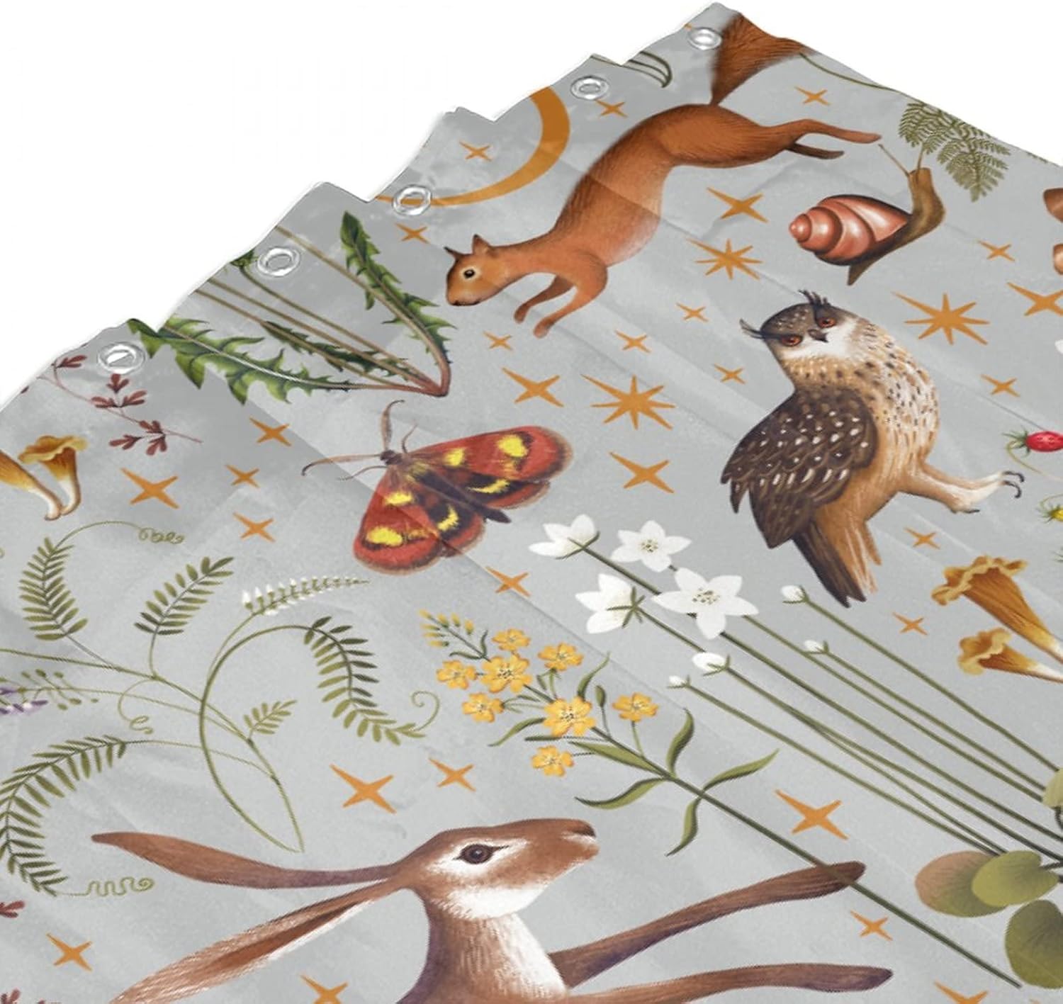 Rustic Forest Shower Curtain Wild Animal Hare Squirrel Owl Snake Snail Flowers Mushroom Pattern for Rural Cottage Farmhouse Shower Curtain with 12 Plastic Hooks Grey Background 66x72Inch(168x183cm)