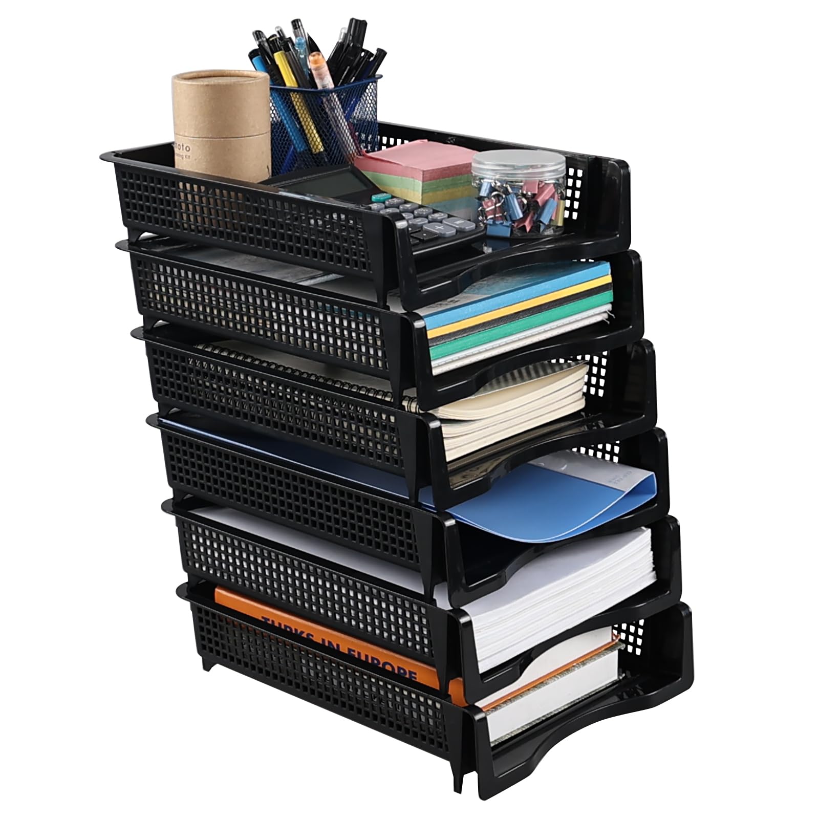 Fabnati 6 Pack Plastic Stackable A4 Paper Tray, Desktop File Letter Tray, Black