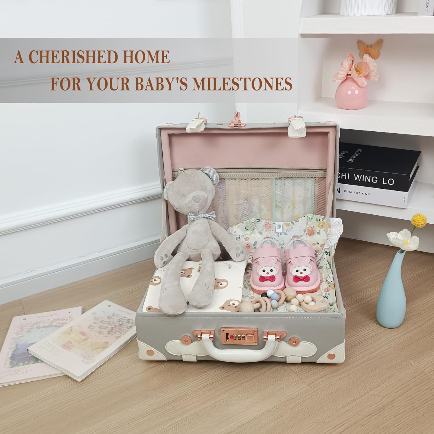 Unitravel Baby Keepsake Case, Handmade Memory Storage Box, Newborn Keepsake Box, Vintage Suitcase for Baby Shower, Baptism, Naming Ceremony or Birthday