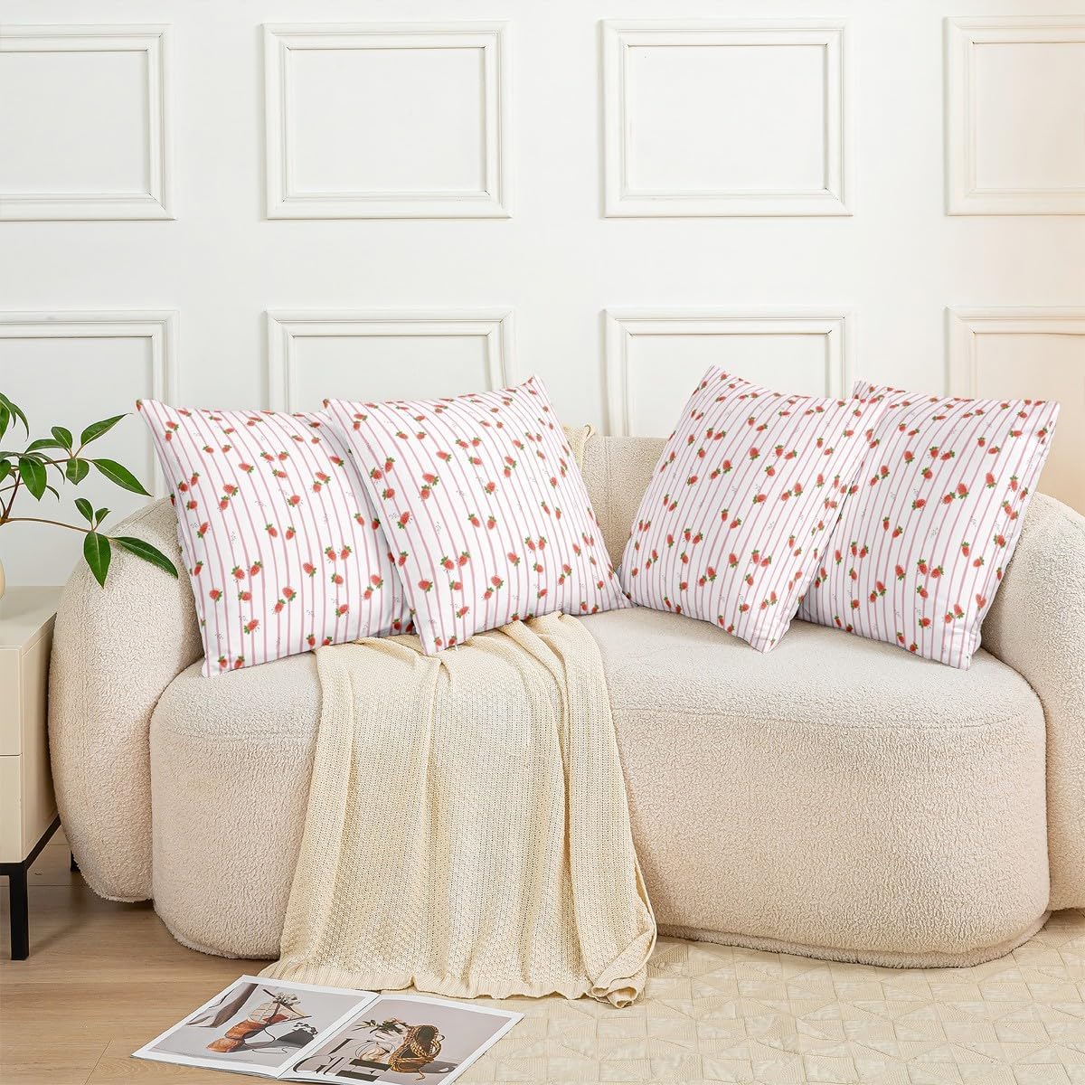 Strawberry Throw Pillow Cover 24x24, Kids Kawaii Pillow Cover, Girls Women Cute Fruit Strawberry Cushion Cover, Pink Geometric Stripes Decorative Pillow Cover For Home Office Sofa Couch Bed