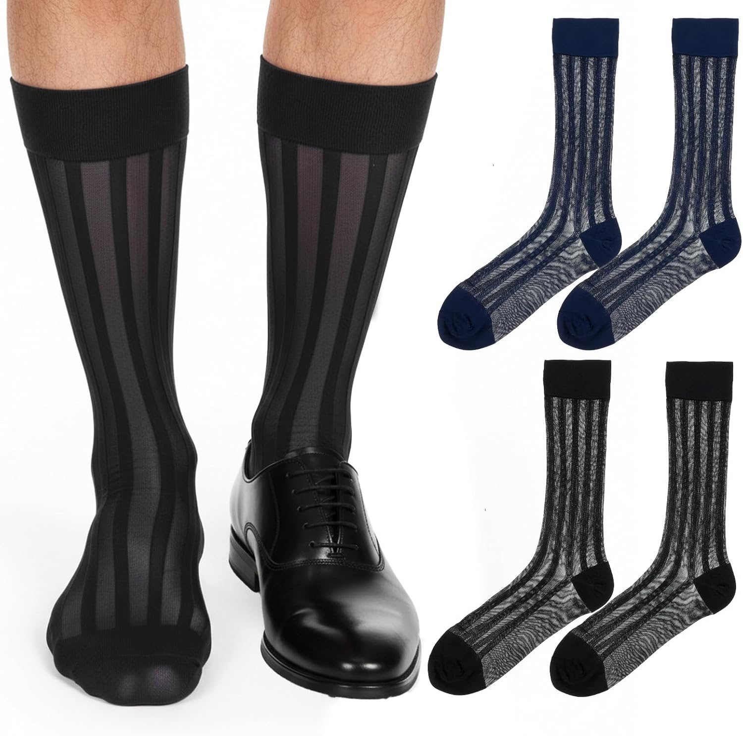 2Pairs Men's Silk Sheer Socks, Mens Silk Dress Socks for Formal (Navy Blue)