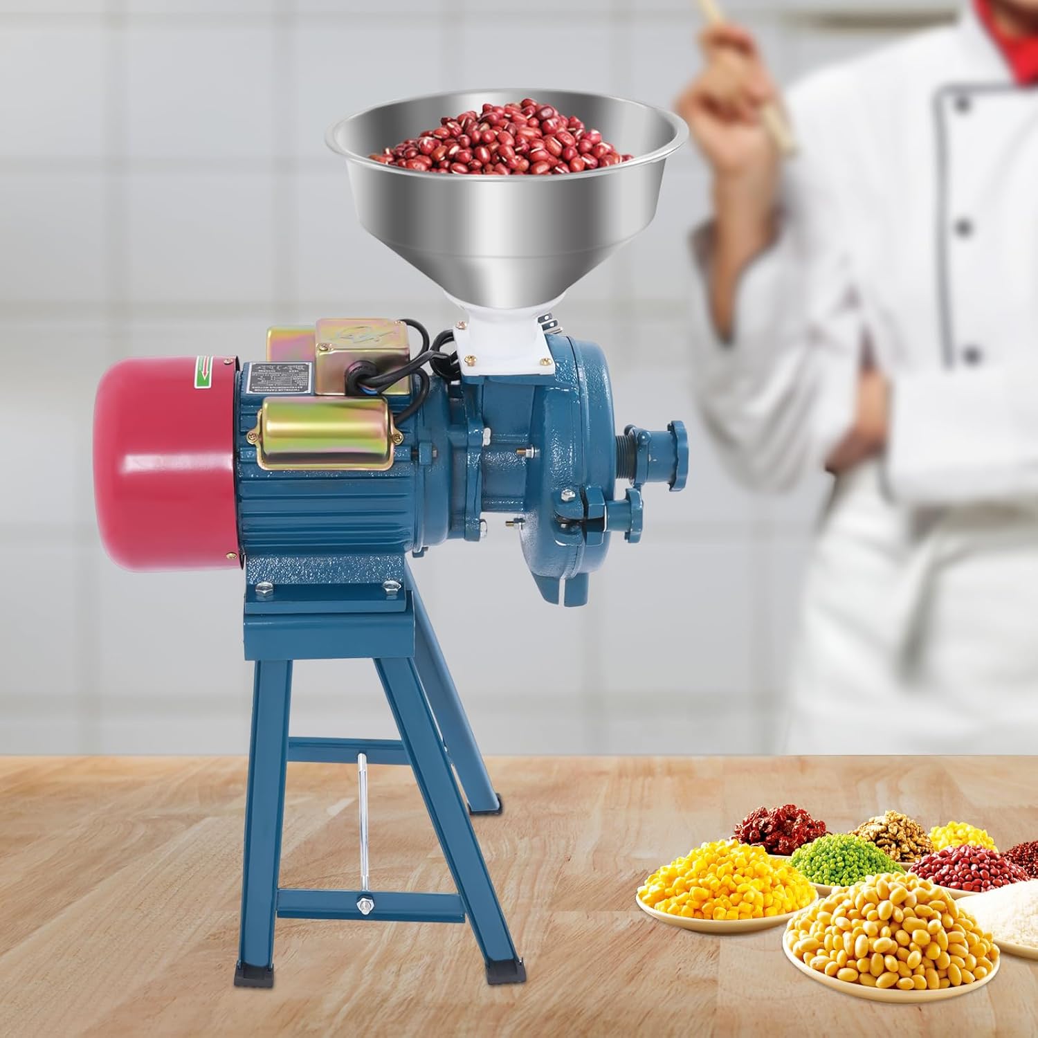 Electric Grain Mill Grinder 120lbs/h Dry Powder Cereals Feed Mill Grinder with Stainless Steel Funnel for Cereal Grain Corn Rice Pepper Thickness Adjustable 220V 2200W (2PKG Shipment)