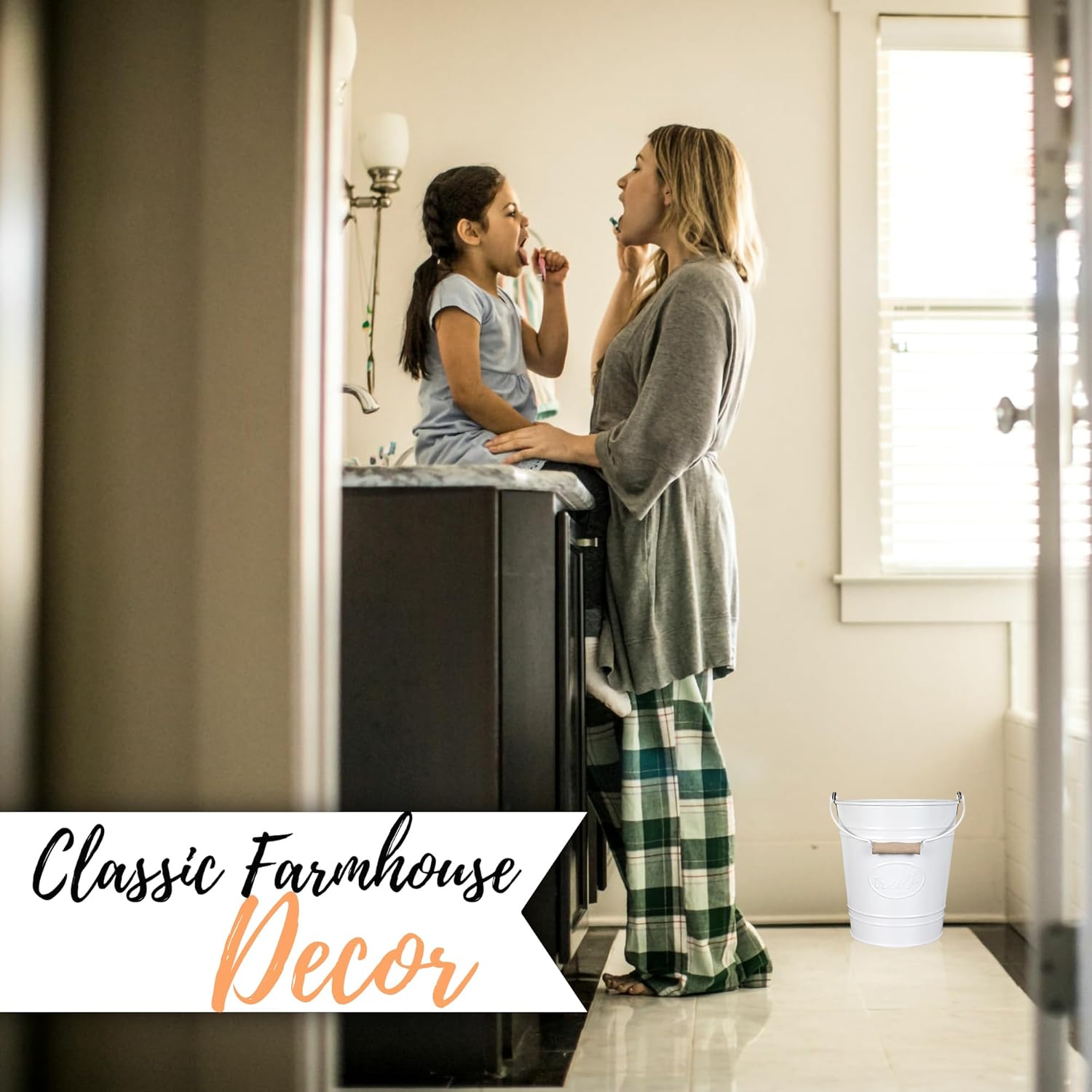 Autumn Alley Farmhouse Bathroom Trash Can - White Trash Can Bucket with Wooden Handle for Rustic Bathroom, Bedroom, Office, Kitchen, Country Home Décor, 7 Liter, White