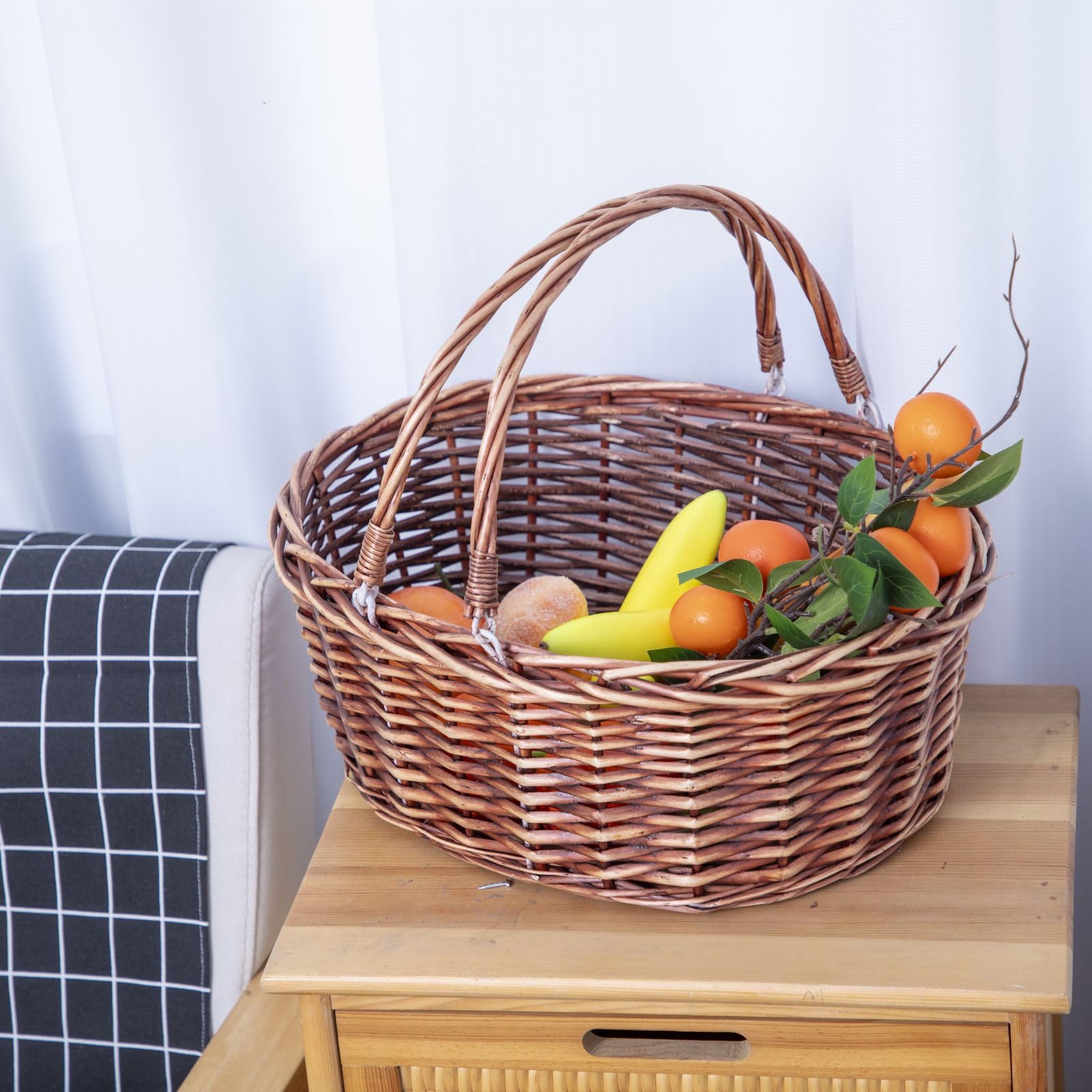 JJSQ Picknickkorb aus Weidengeflecht mit klappbaren Griffen, geflochtene Weidenkörbe zur Aufbewahrung, Garten, Ernte, Ostern, leerer Geschenkkorb, braun, groß 43,2 x 33 x 17,8 cm