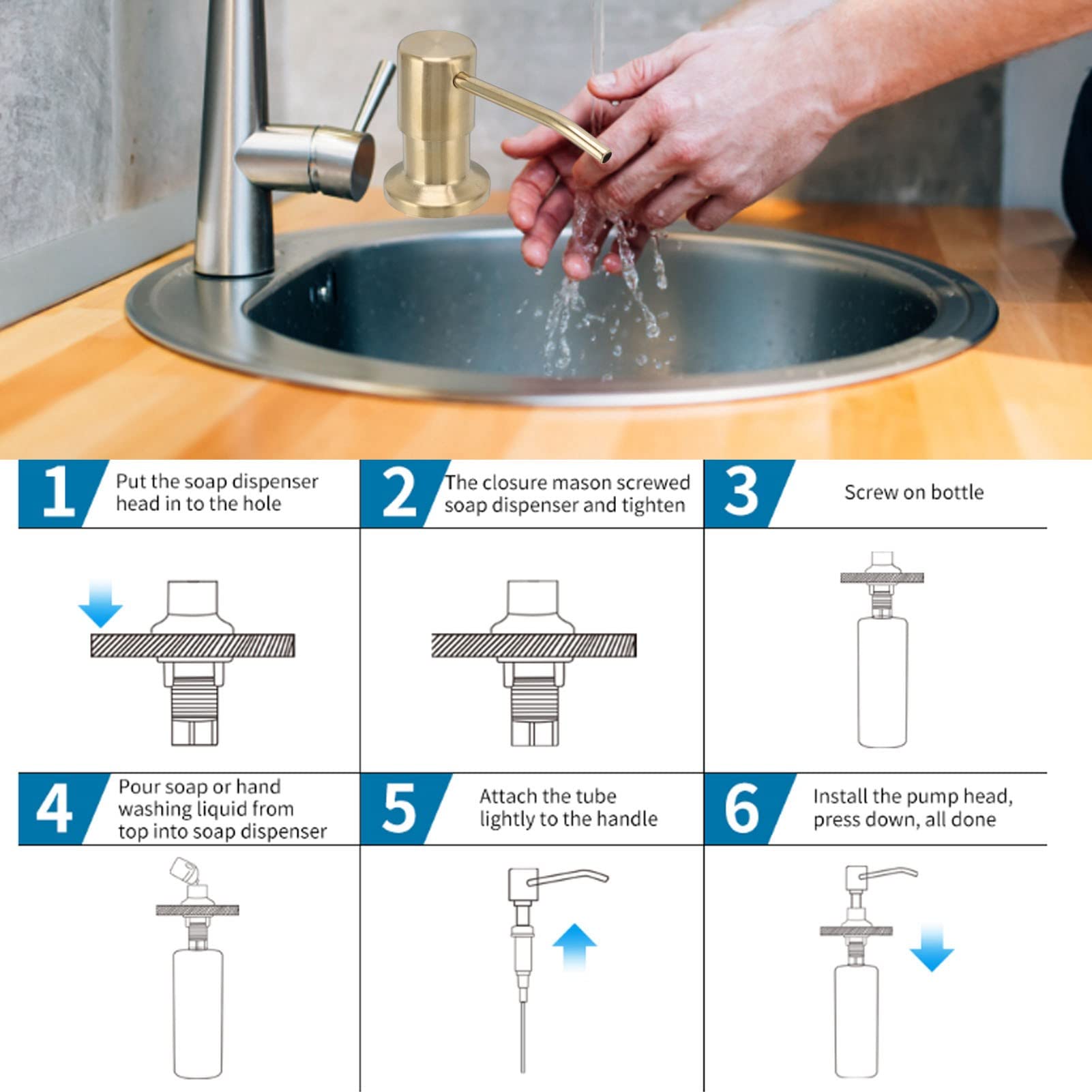 Sink Soap Dispenser, 300ml Built in Kitchen Sink Soap Dispenser Countertop Soap Liquid Bottle for Kitchen Sink(Gold) - Image 3