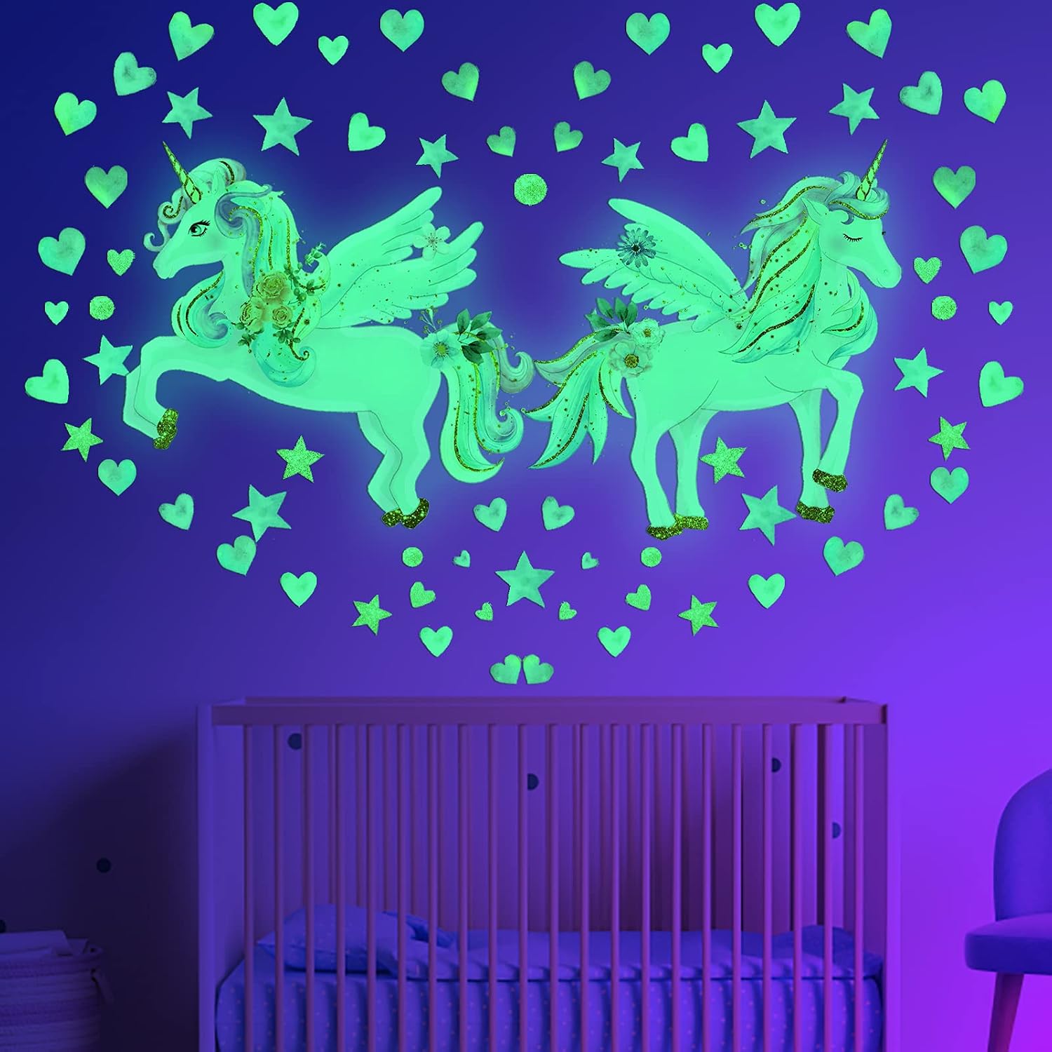 Glow in The Dark Stars, Unicorn Wall Sticker for Girls Bedroom, Unicorn Room Decor for Girls Bedroom,Unicorn Wall Stickers for Kids (Green)