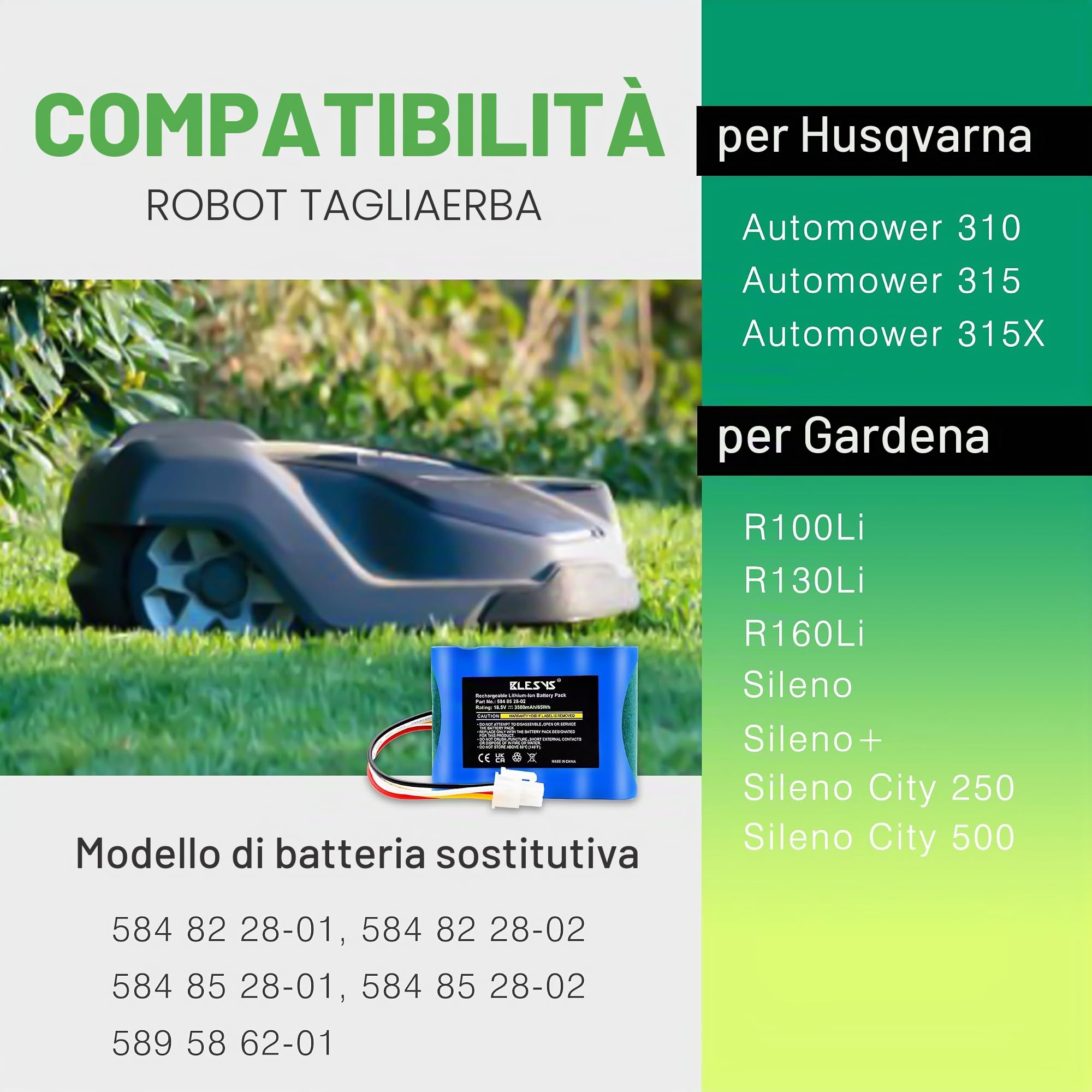 BLESYS 3500mAh Batteria per Gardena Sileno City 250 500 (2017,2018) Sileno Life, Batteria di Ricambio per Robot Tagliaerba Husqvarna 589 58 62-01,584 85 28-02 [18,5 V 65 Wh]