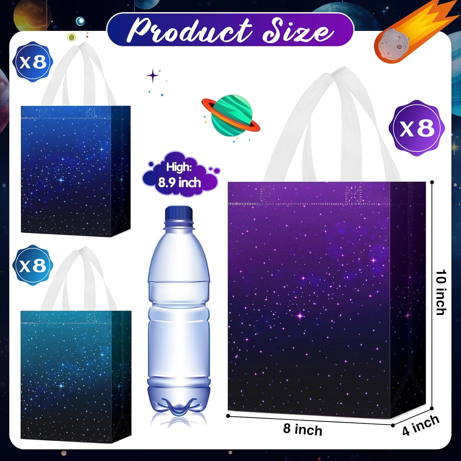 24 Pcs Galaxy Party Favor Gift Bags Starry Sky Goodie Space Star Reusable Bags Non Woven Starry Night Candy Treat Totes Graduation Gift Bag Birthday Party Decorations, 8 x 4 x 10 Inch