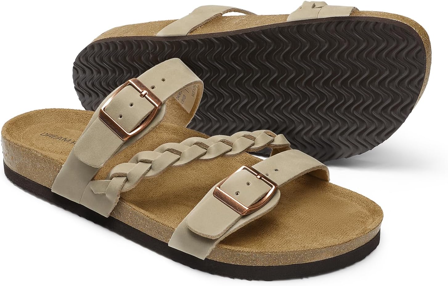 DREAM PAIRS Women's Slides Soft Cork Footbed Sandals Comfortable Walking Slip-on Flat Sandals Arch Support Adjustable Buckle Braided Straps Slippers - Image 4