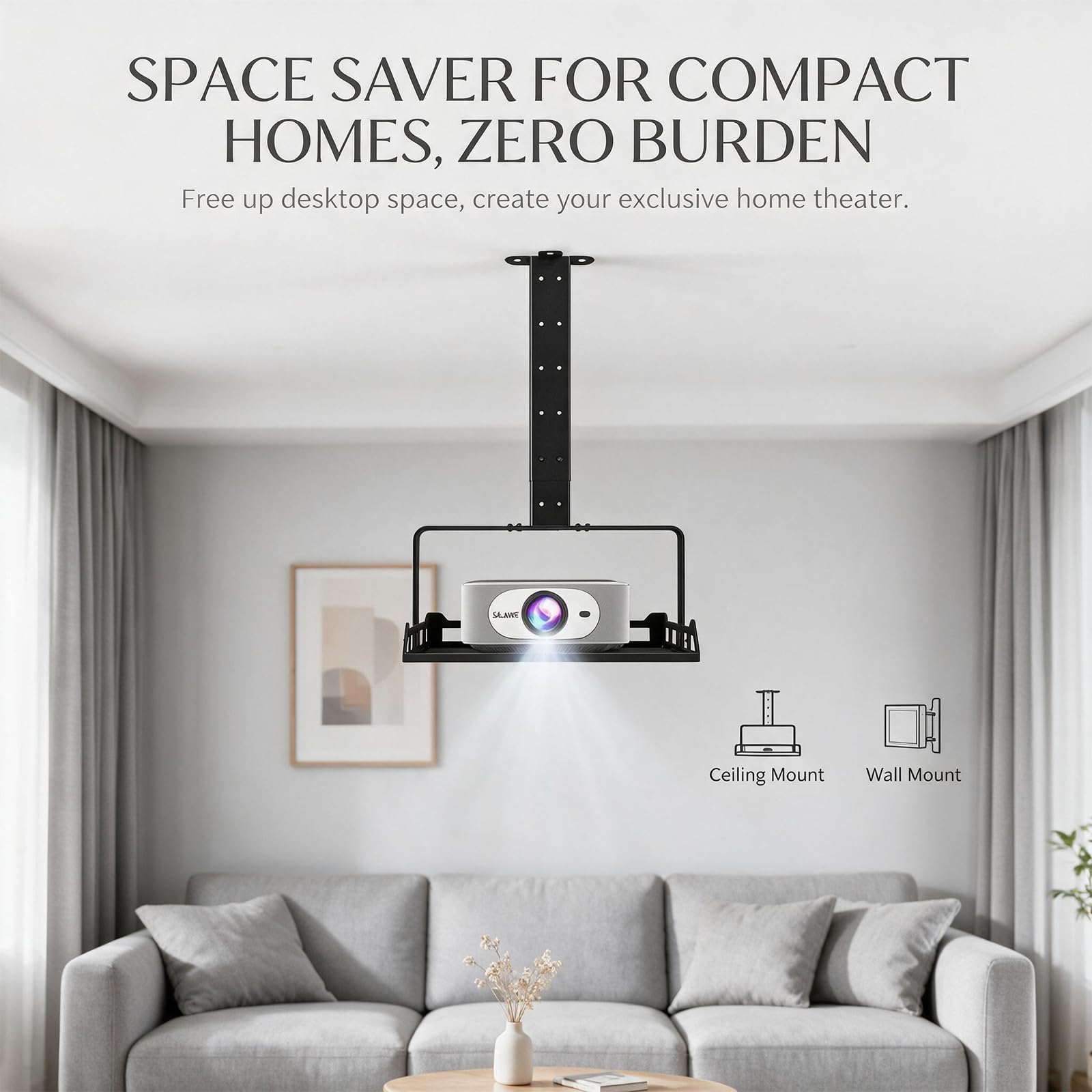 Supporto da soffitto per proiettore, universale, regolabile in altezza (30-48,5 cm), portata fino a 10 kg, supporto per proiettore per home theatre e ufficio