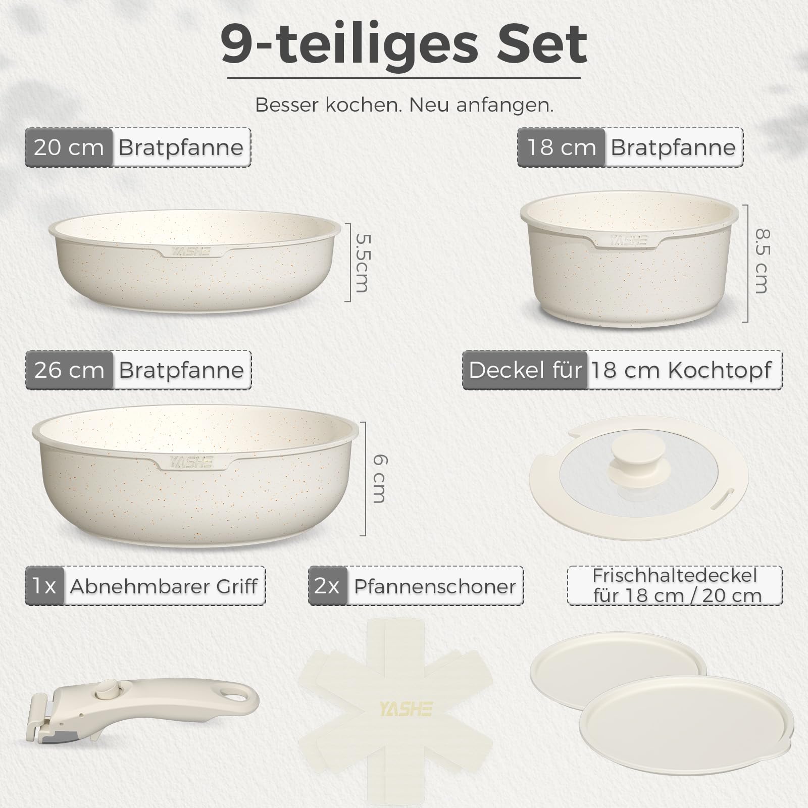 YASHE 9-teiliges Topf und Pfannenset, Antihaft-Kochgeschirr set,stapelbares TöPfe Set, Für Alle Herdarten, Abnehmbarer Griff, Ofenfest, Stapelbar Platzsparend, Weiß
