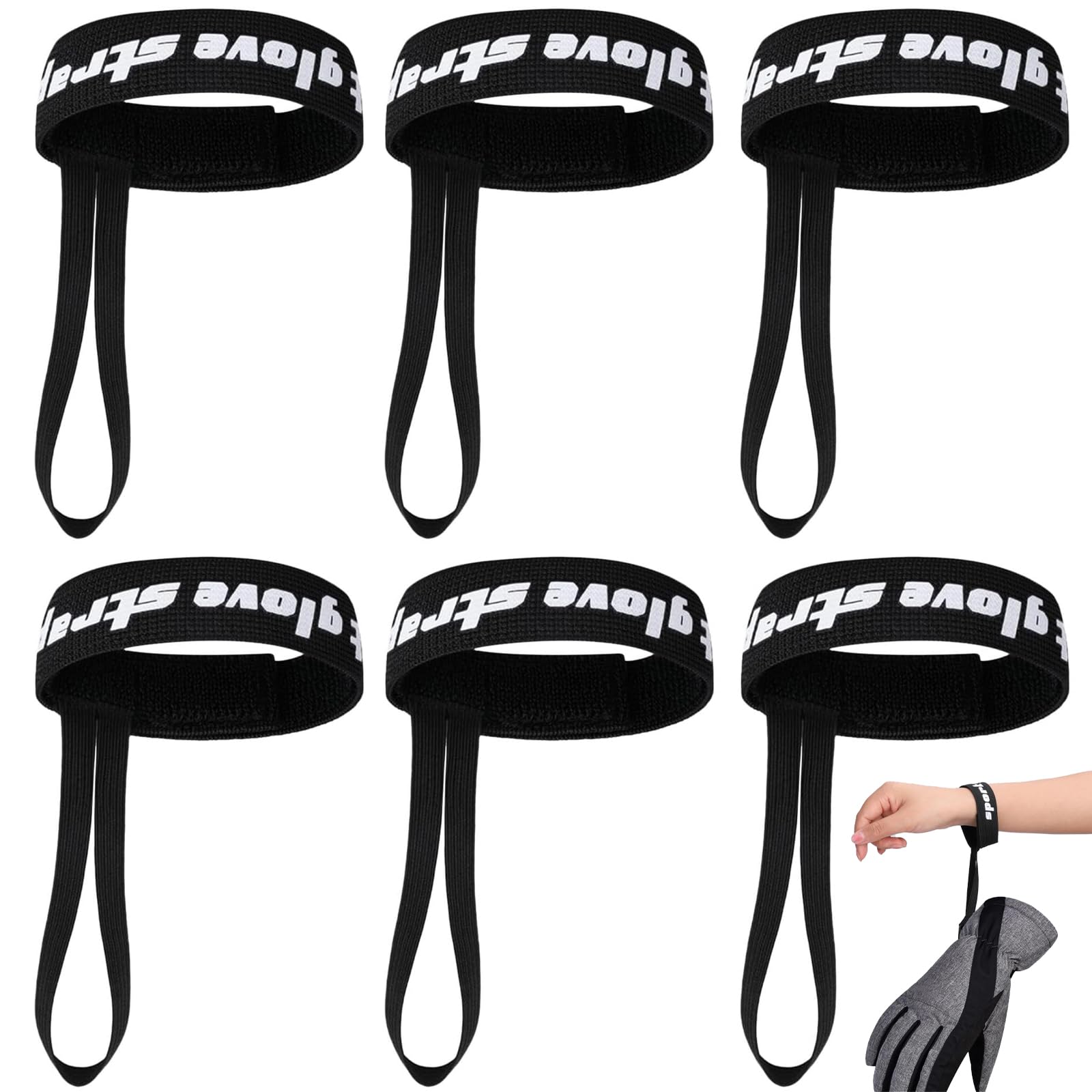Cinghie per Guanti da Sci Regolabili 6 Pezzi in Nylon e Poliestere Elasticizzato 25,4cm x 2,5cm Nere con Cinturino a Strappo per Escursioni, Sci, Snowboard, Sport Invernali