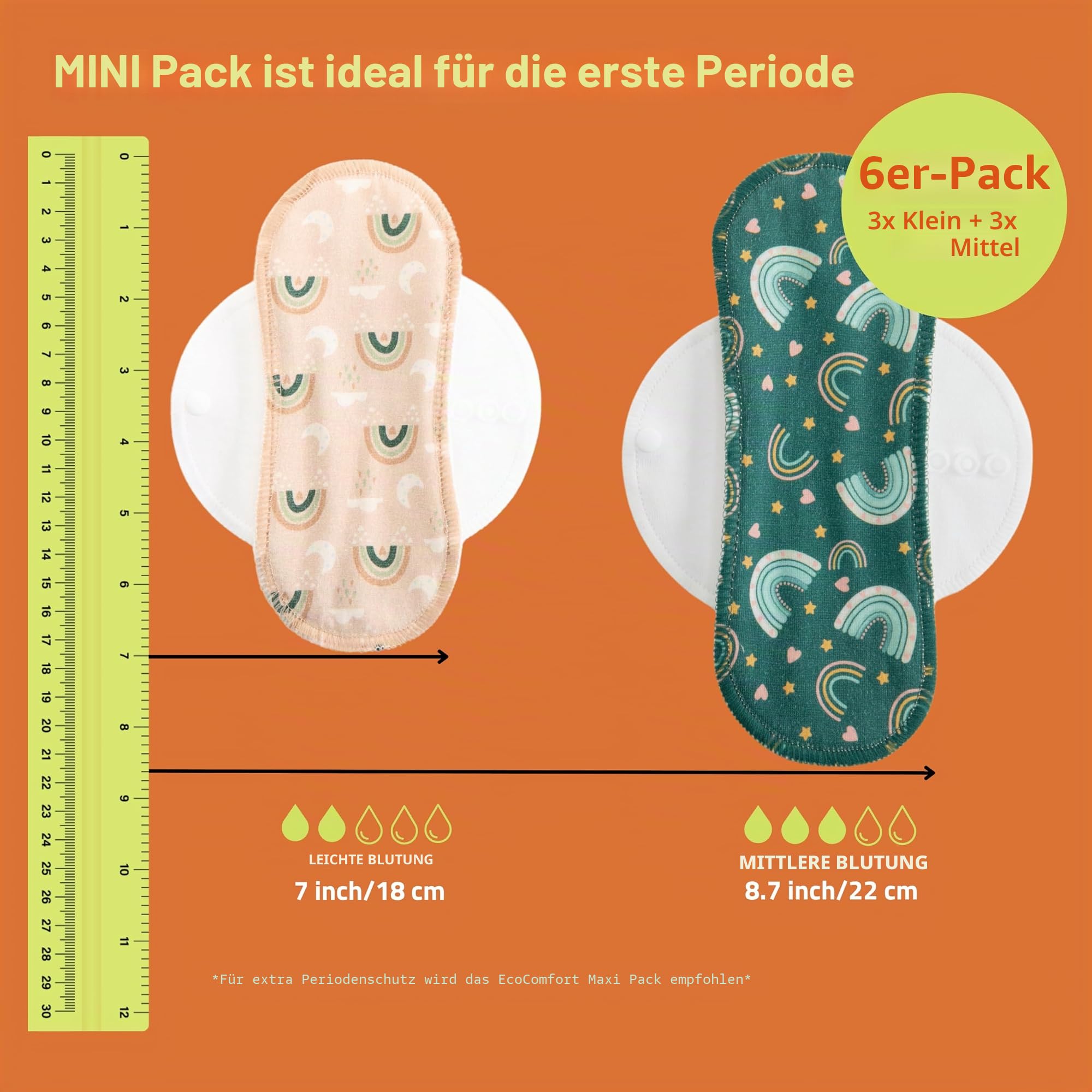 Natissy Bio-Baumwolle Stoffbinden für Teenager, Rutschfest, Waschbar, Atmungsaktiv, Hautfreundlich, Hochtemperaturgeeignet und Wiederverwendbar, Sicher für die Erste Periode - 6er-Set S+M