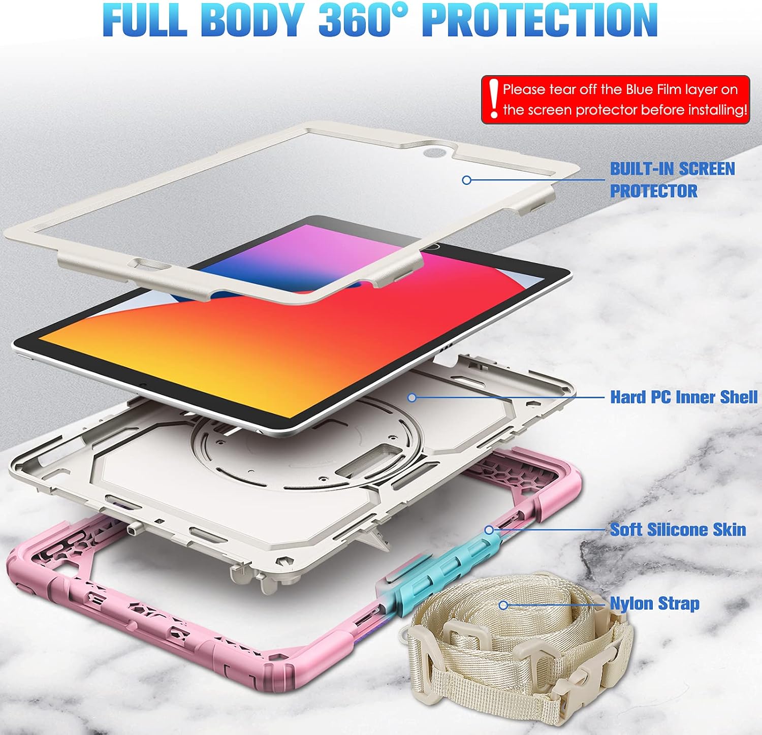 CaseBot Case for iPad 8th Generation 2020 / 7th Gen 2019 10.2 with Screen Protector, [360° Rotating Kickstand] Rugged Heavy Duty Hybrid Shockproof Cover with Hand Shoulder Strap, Pencil Holder (Pink)