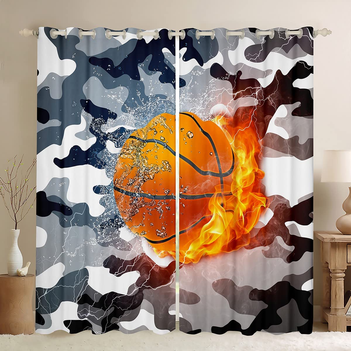 Basketball Window Treatments For Boys, Grey Black Camo Window Curtains 52