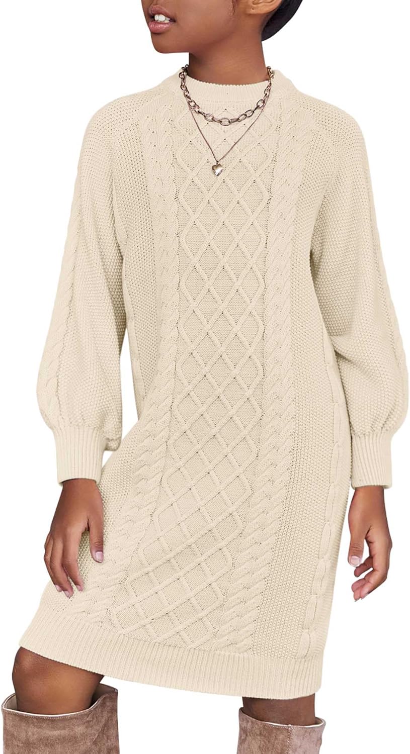Arshiner Girl's Sweater Dress Puff Long Sleeve Casual Cable Knit Pullover Fall Dresses for 6-12 Years