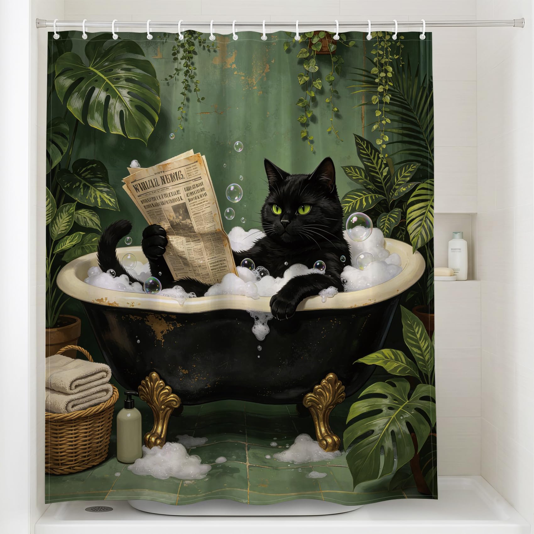 Xioabre Funny Cat Shower Curtain, Cute Cat Bathroom Curtain, Waterproof, Mould Proof, Polyester Fabric Shower Curtains with 12 Pcs Hooks, Vintage Decor Shower Curtains for Indoor, Outdoor(180x180cm)