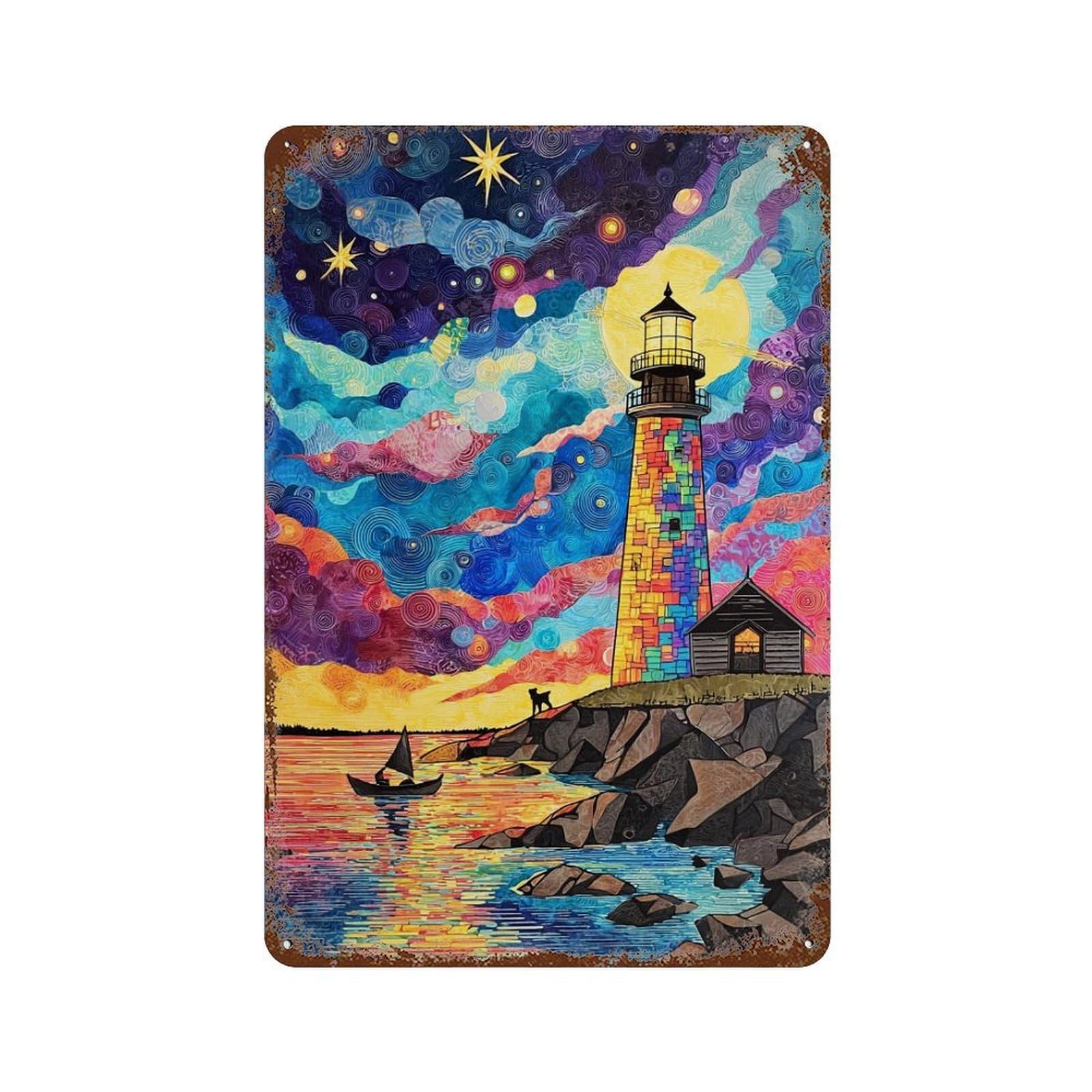 Colorful Lighthouse Coastal Scene Vintage Rust Metal Sign 11.8"x7.9", for Garage, Bar And Workshop Decor, Decorative Metal Wall Art