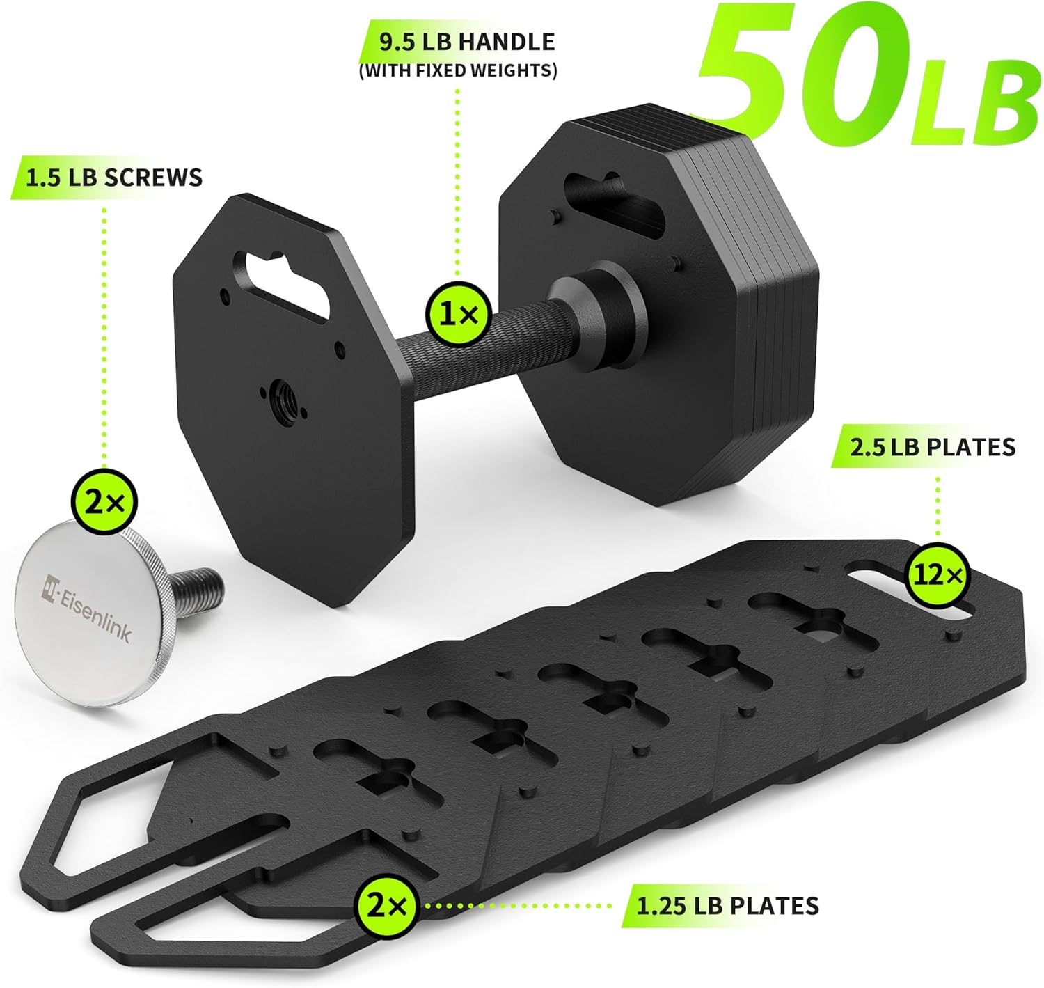 Eisenlink Adjustable Dumbbell Set, 9.5-50/80lb, 2.5lb Increments, Quick-Lock Octagonal Weight Dumbbells for Home Gym Fitness (50/80lb×2)