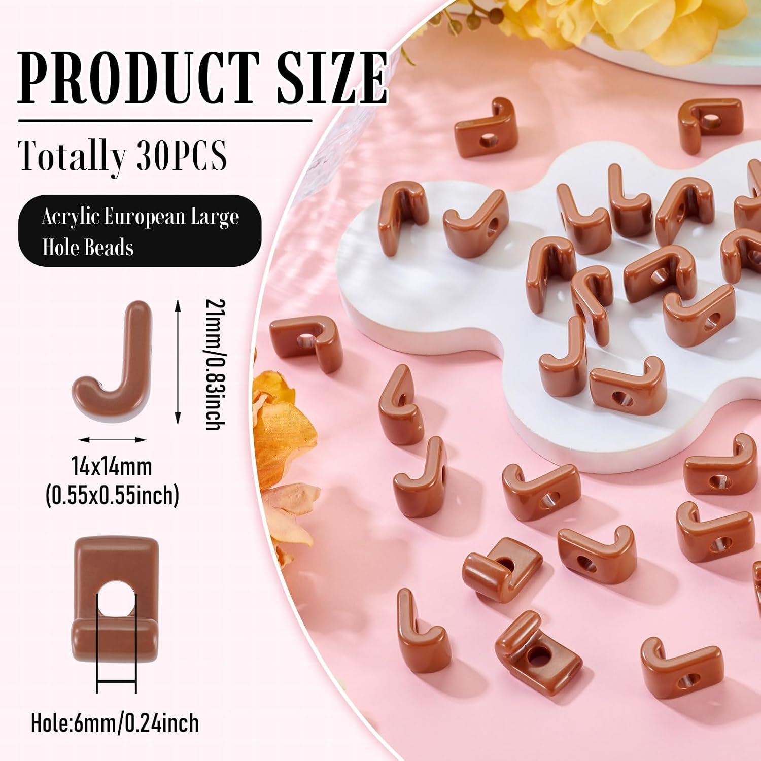 30Pcs Chocolate Brown Large Letter Beads, 20mm Big Chunky Alphabet Beads, Single Initial Letter J Bead with Large Hole for Friendship Bracelets Keychain Bag Charms Shoelaces