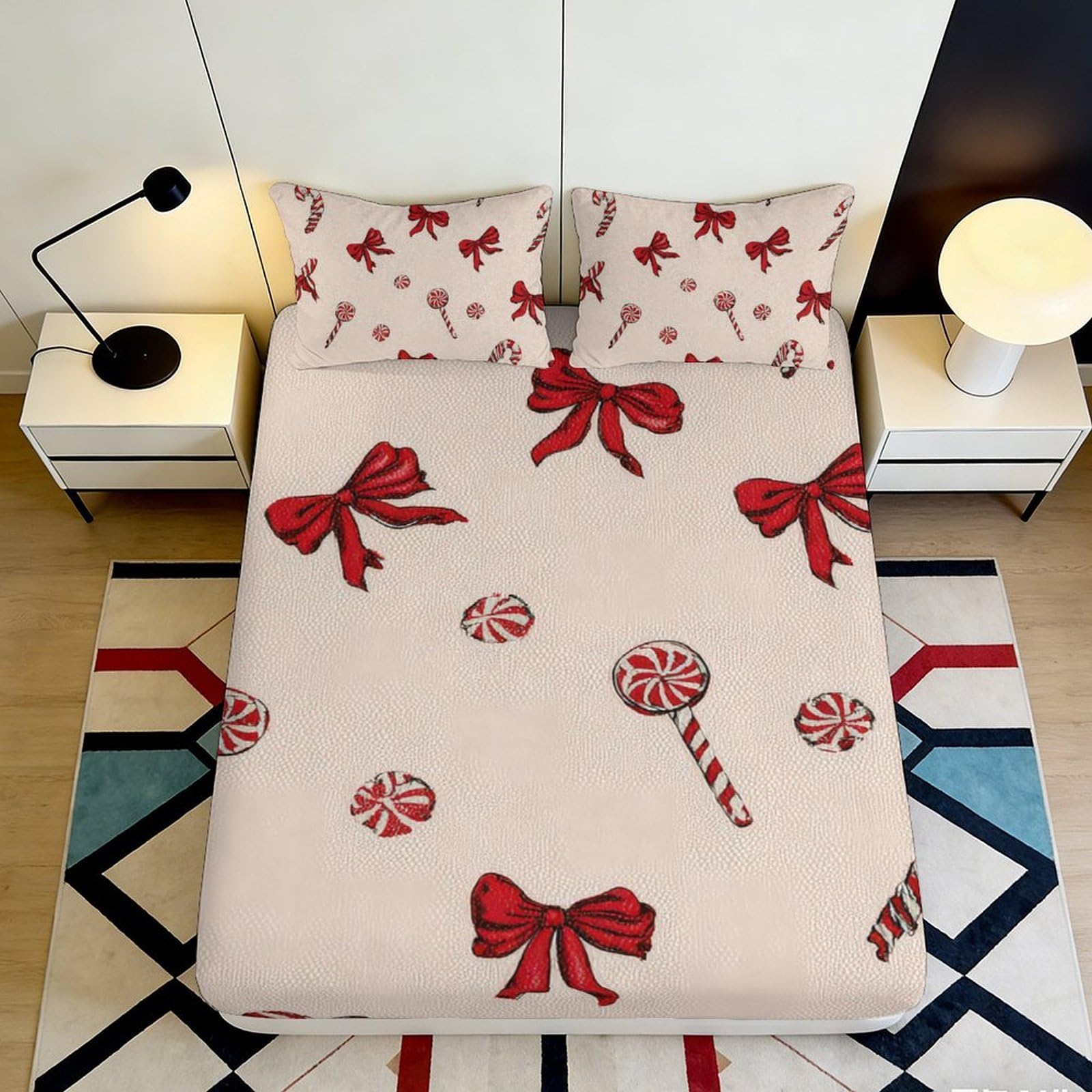 Pnayamiorkfel Style-6 3D Printed Red Bow Candy Fitted Sheet Microfiber Soft Anti-Slip Bed Cover For Bedroom Guestroom Decor Easy Care 90X200x25cm