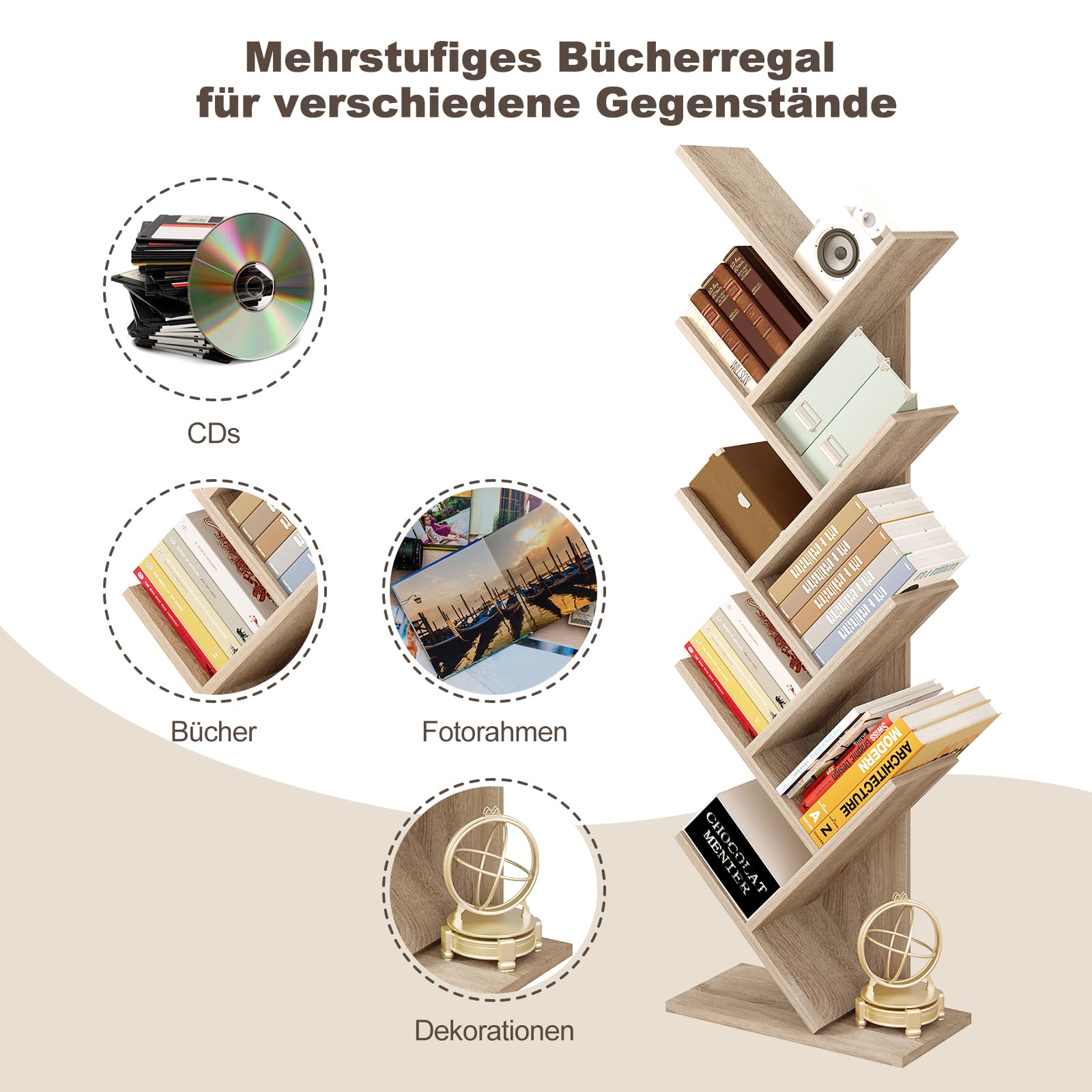 EUGAD Bücherregal Baumform, mit 9 Ebenen 40x127x20 cm, Helle Eiche