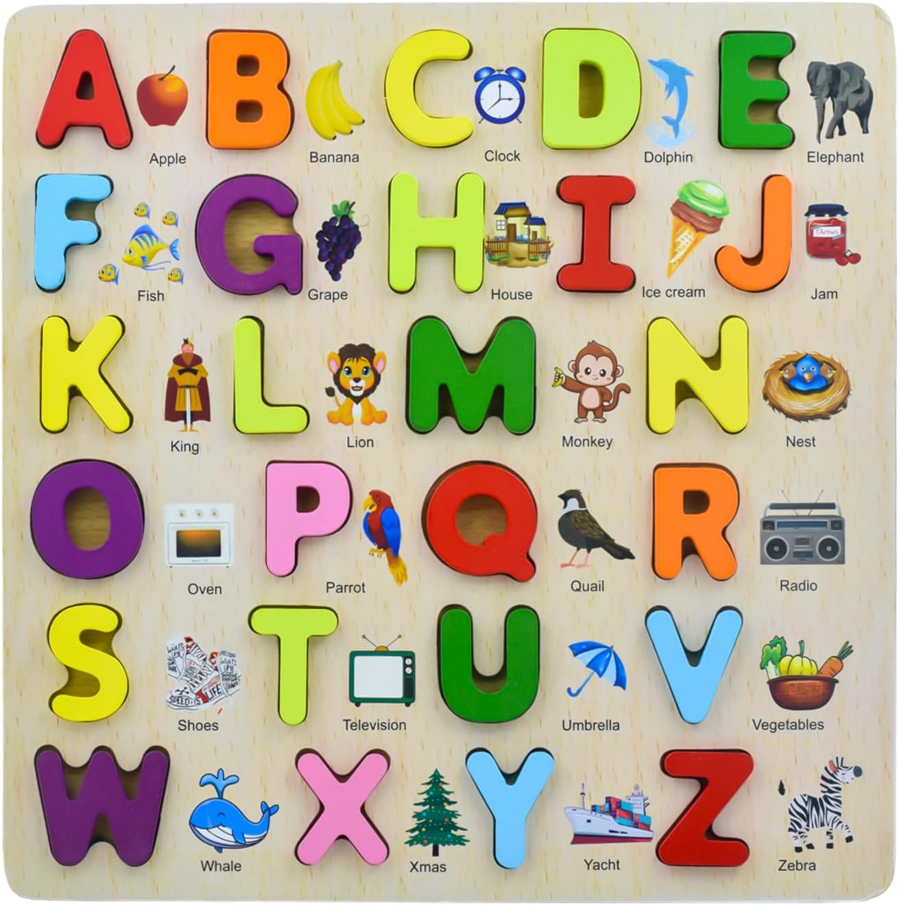wishkey 3d wooden capital alphabet puzzles with pictures for children, montessori educational learning letters puzzle board toy- Multi color