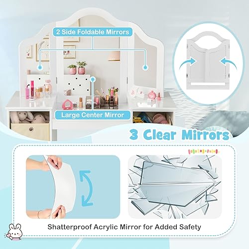 Miniatura 21 de HONEY JOY Vanidad para niños, juego de tocador para niñas pequeñas con espejo y taburete, estantes de almacenamiento, tocador de madera de princesa,