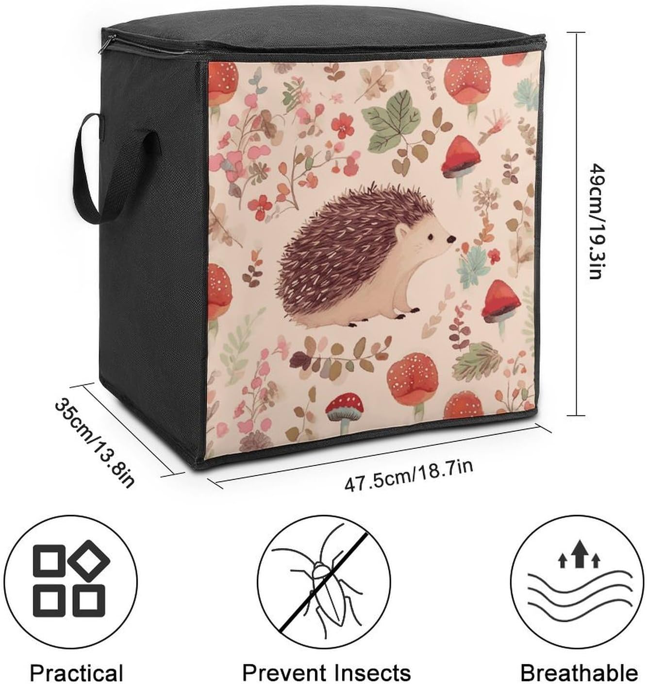 Lovely Hedgehog Storage Bag with Zippers And Handle Extra Large Bedding Comforter Storage Bag Foldable Blanket Storage Bags Fabric Moving Bags for Closet Organizer (70L)