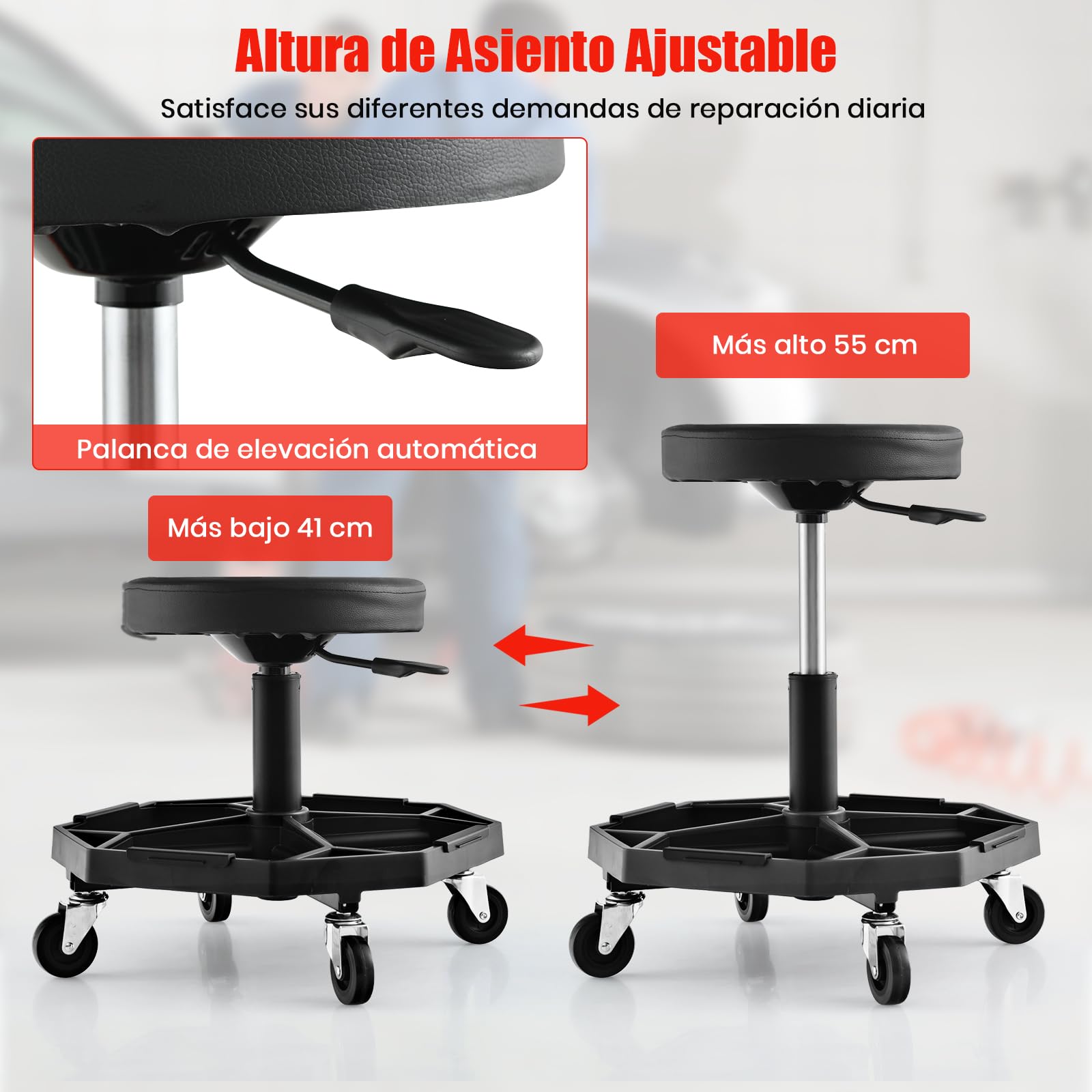 GYMAX Taburete de Montaje Móvil Robusto, Taburete de Taller Ajustable, Asiento Neumático Mecánico con Bandeja para Herramientas y Cojín Acolchado, Asiento Giratorio para Garaje (Negro)
