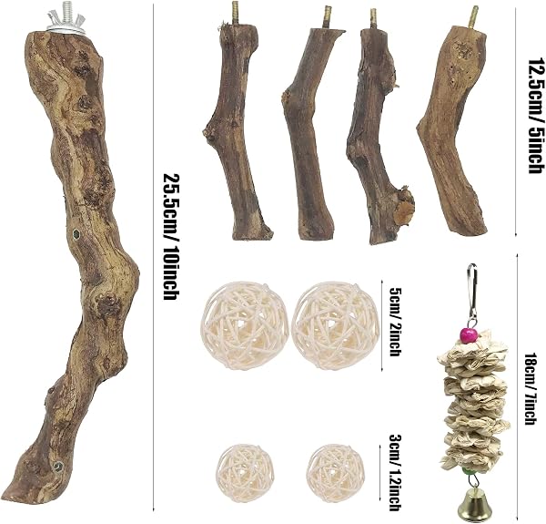 Allazone Lot de 6 perchoirs à Oiseaux naturels avec Jouets à mâcher en Vigne Naturelle pour perroquets, perruches, calopsittes, Conures, aras, inséparables - 2