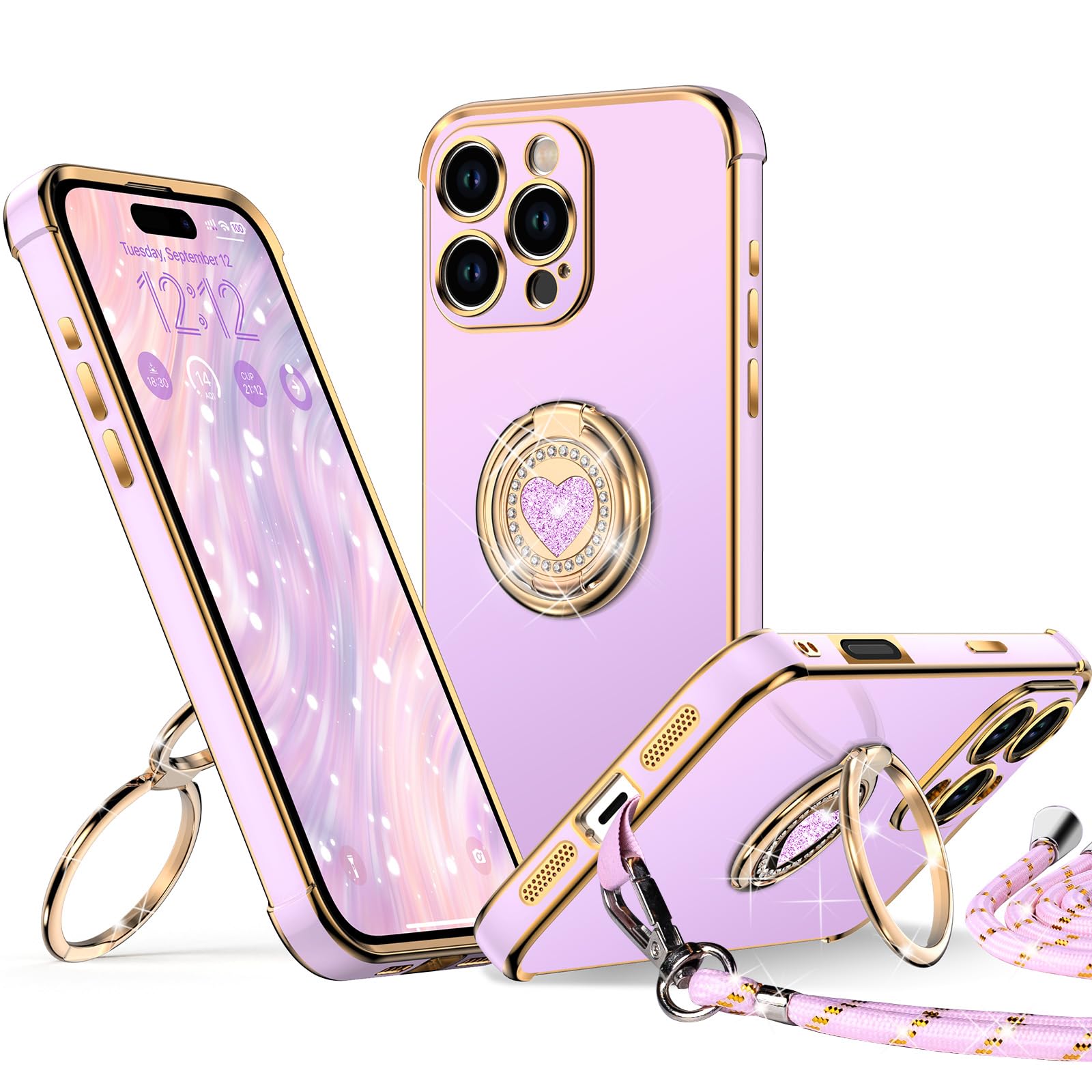 XYZ for iPhone 16 Pro Max Case with Stand, Heart Lanyard for Girls Women, Luxury Cute Bling Protective Cover for iPhone 16 Pro Max, Purple