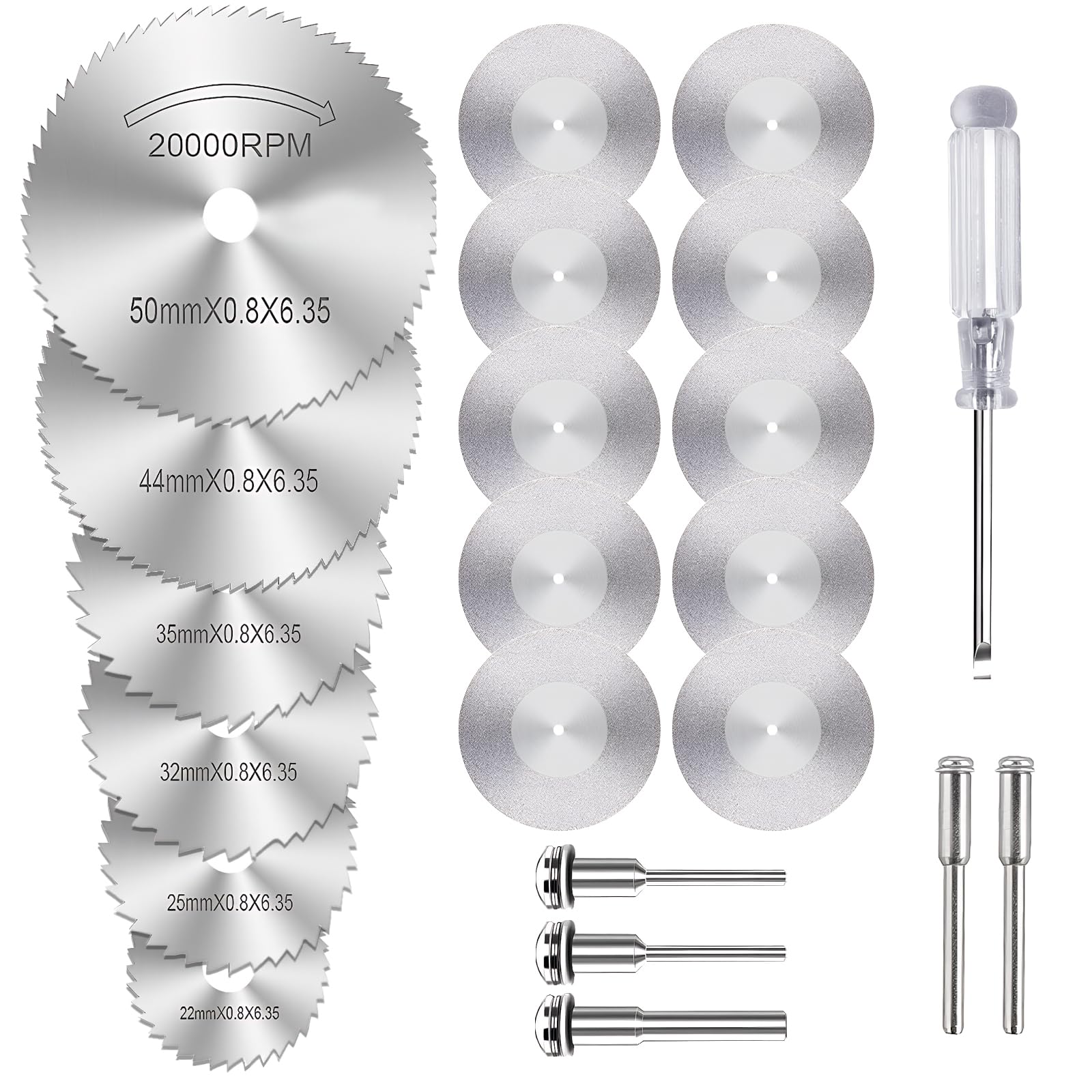 Uoxmiy 22 Pcs Cutting Discs for Dremel Rotary Tool,10 Dremel Metal Cutting Discs & 6 Hss Circular Saw Blades with 5 Mandrel 1 Screwdriver for Polishing Glass Wood Marble Metal Jade Gem Stones Plastic