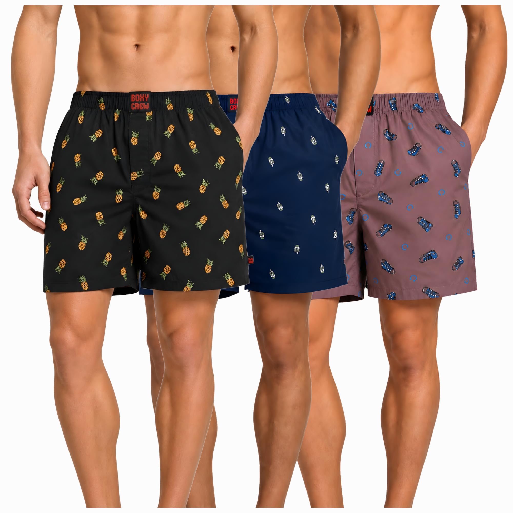 Men's 100% Cotton Boxer Shorts Pack of 3, Charcoal, Navy Blue & Mauve | Woven Boxers with Side Pockets, No-Marks Elastic Waistband, Breathable Relaxed Fit | Style 004-011-015-image-28