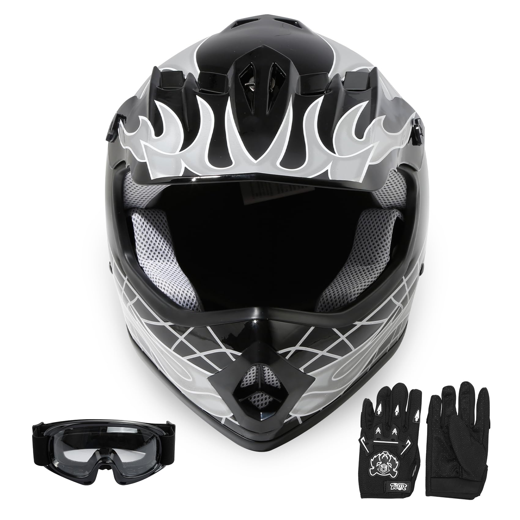 SLMOTO Youth Kids Motocross Offroad Street Helmet Motorcycle Helmet Dirt Bike ATV DOT Approved Black Skull Helmet+Goggles+Gloves Black Skull Design Medium