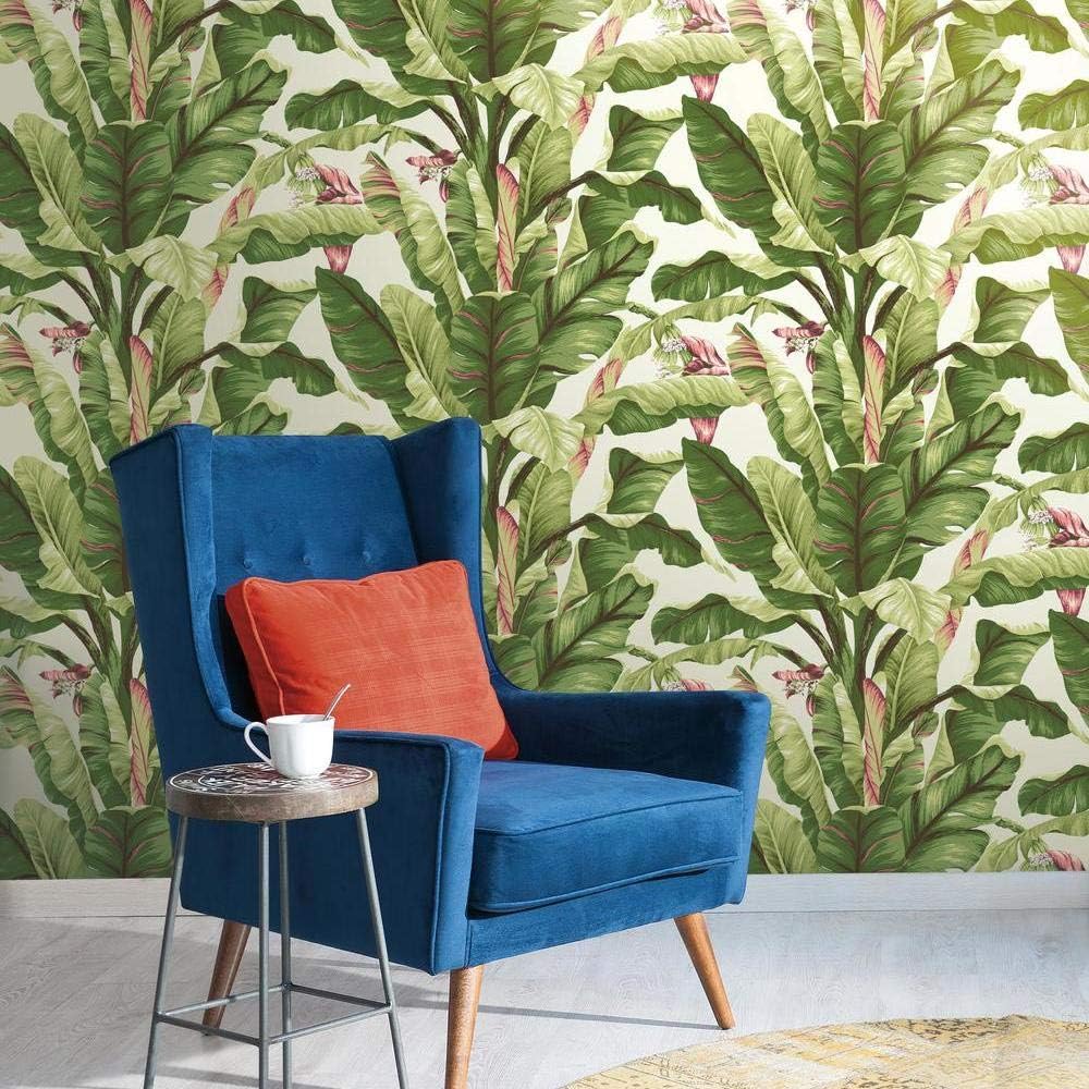 York Wallcoverings AT7067 Tropics White and Green Banana Leaf Removable Wallpaper