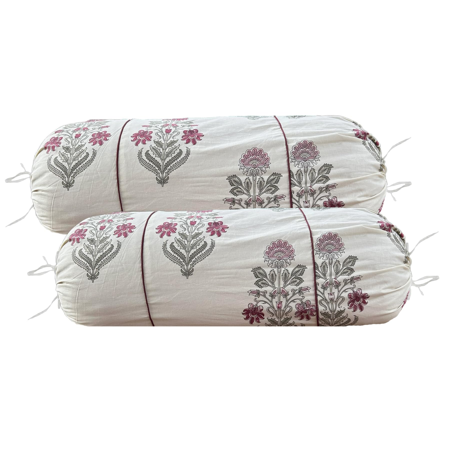 Trance Home Linen 100% Cotton 16x32 inch 200TC Pipe-in Bolster Cover | Round Bed Side Long Bolster Pillow Cover to fit 24" Length 9" Dia | Pack of 2 Bolster Cover only (16x32 inch, Aangan Pink)