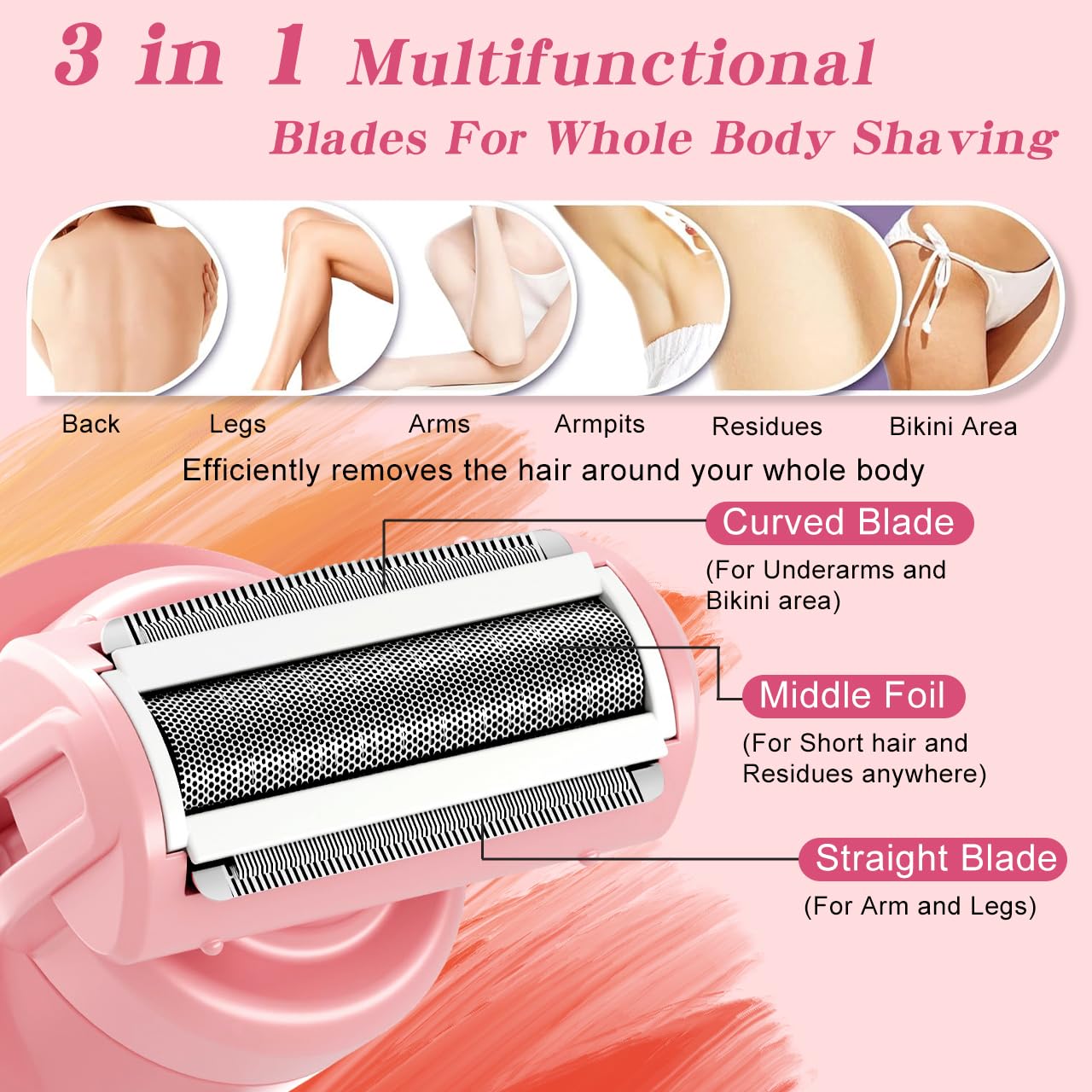 Hatteker Afeitadora Eléctrica para Mujer Zona Íntima Bikini 3 en 1 Recargable con Pantalla LED Impermeable IPX7 Rosa