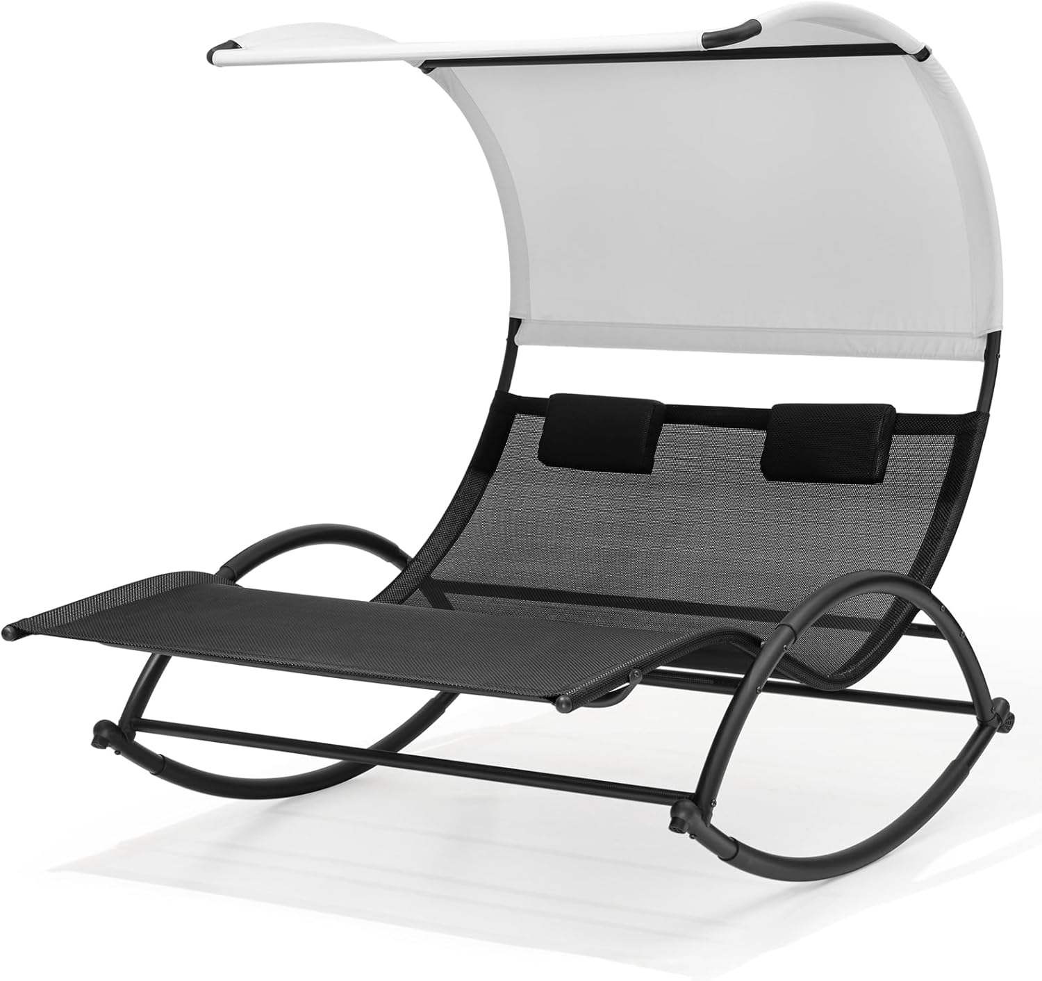 Crestlive Products Outdoor Double Chaise Lounge Chair with Canopy & Wheels, 2 Person Patio Rocking Lounge Chair with Sun Shade & Headrests for Garden, Backyard, Poolside (Black)